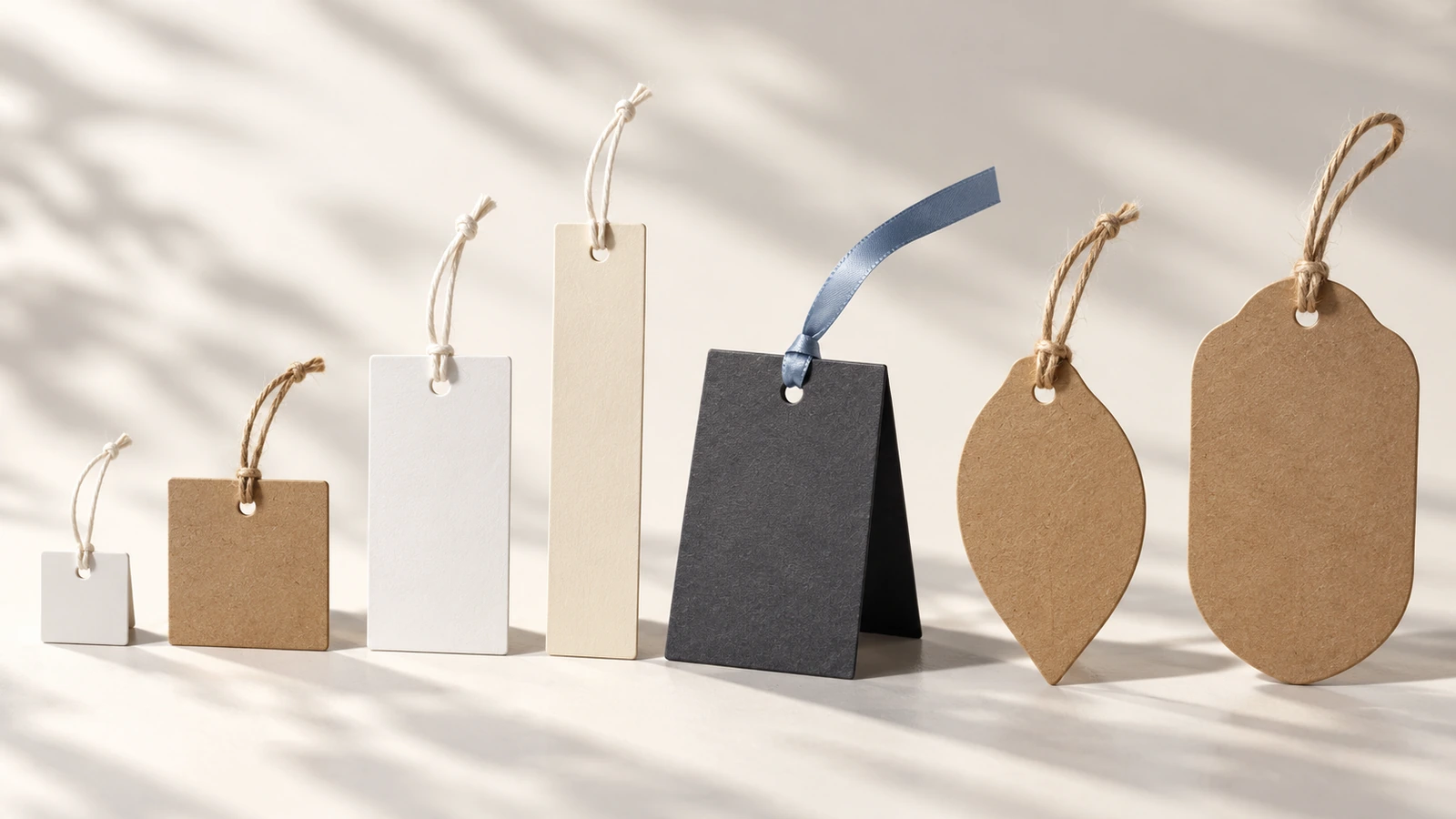 Étiquettes volantes vierges classées de la plus petite à la plus grande : une mini-étiquette carrée, un rectangle vertical standard, une bande longue, une étiquette pliée ouverte et deux formes découpées, toutes sans impression