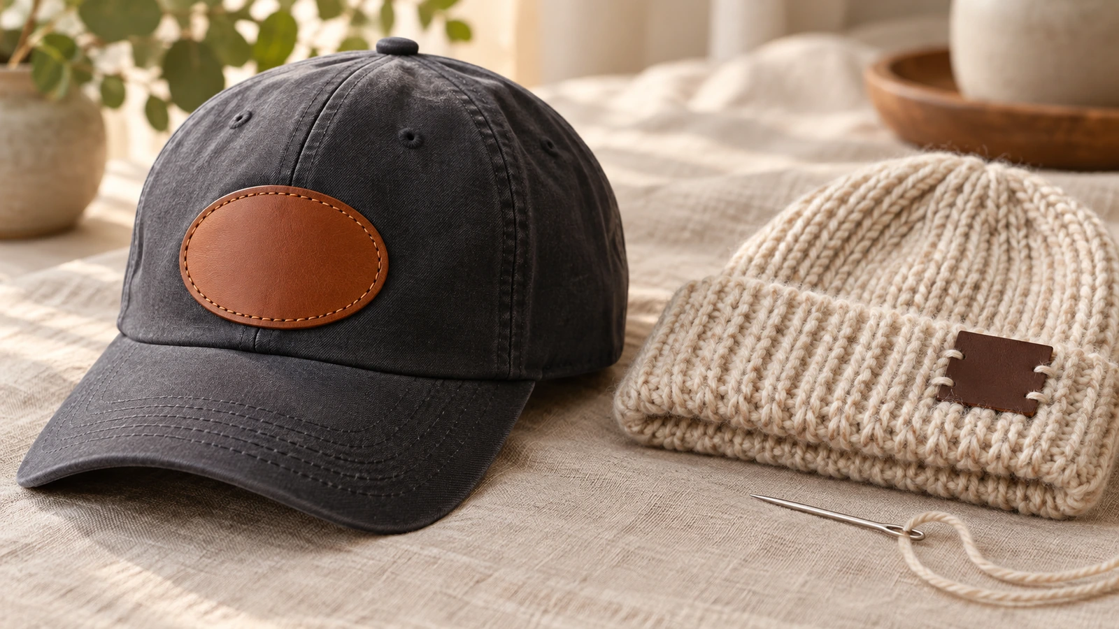 Une casquette structurée et un bonnet en maille plié côte à côte, avec un écusson en cuir cousu sur le panneau avant de la casquette et une étiquette pliée cousue à la main sur le revers du bonnet