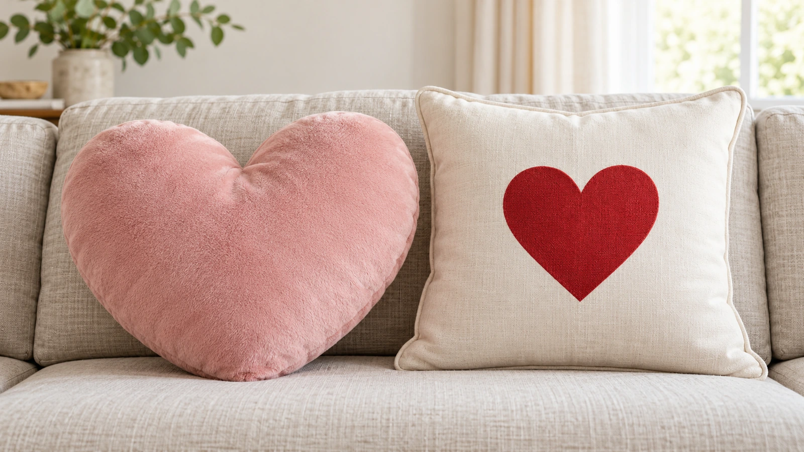 Un coussin en forme de cœur découpé et moelleux, à côté d'un coussin carré imprimé d'un motif cœur sur un canapé en lin neutre