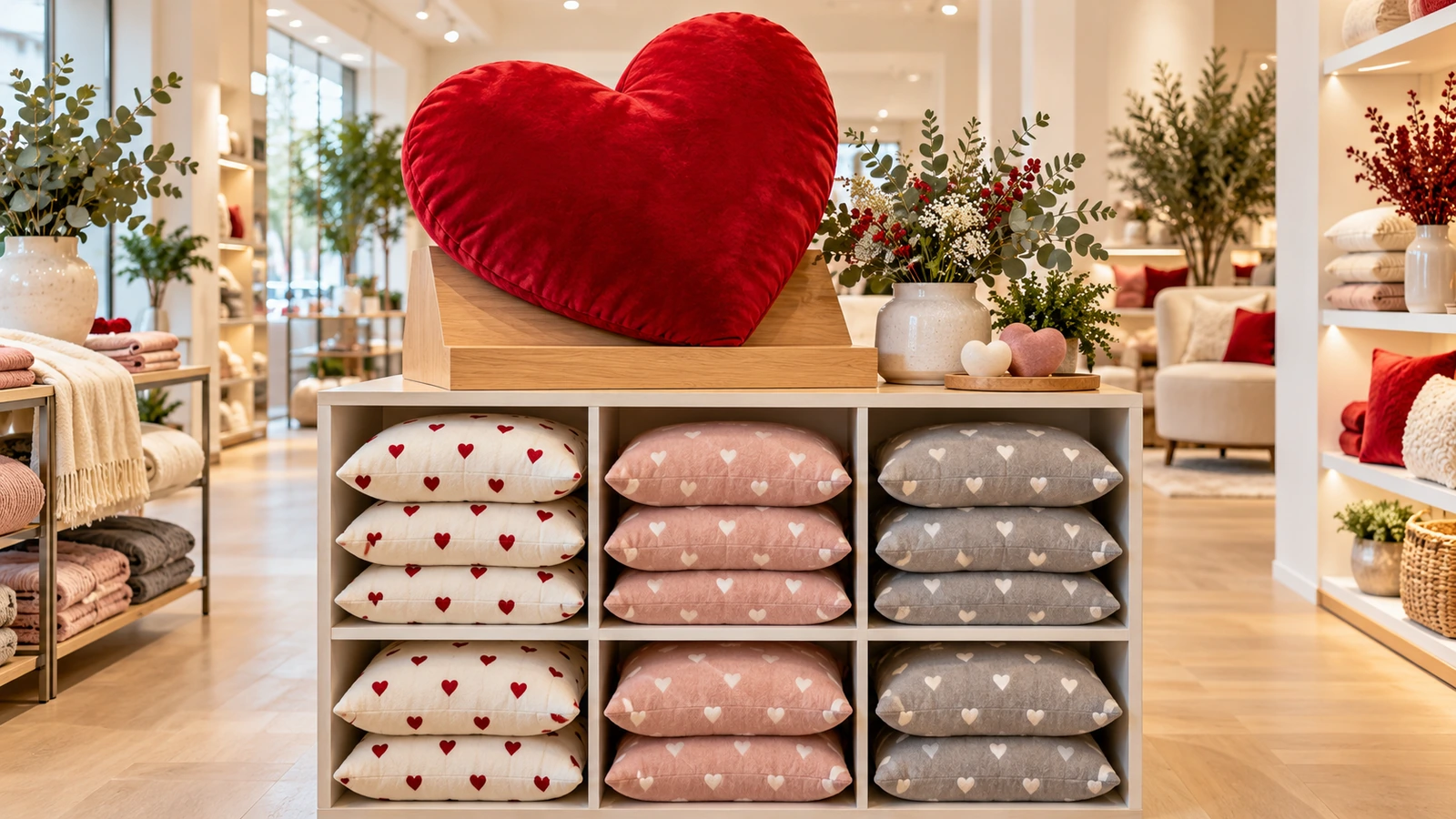 Tête de gondole avec un grand coussin cœur rouge sur une étagère inclinée, au-dessus de piles nettes de jetés carrés imprimés de petits motifs cœur