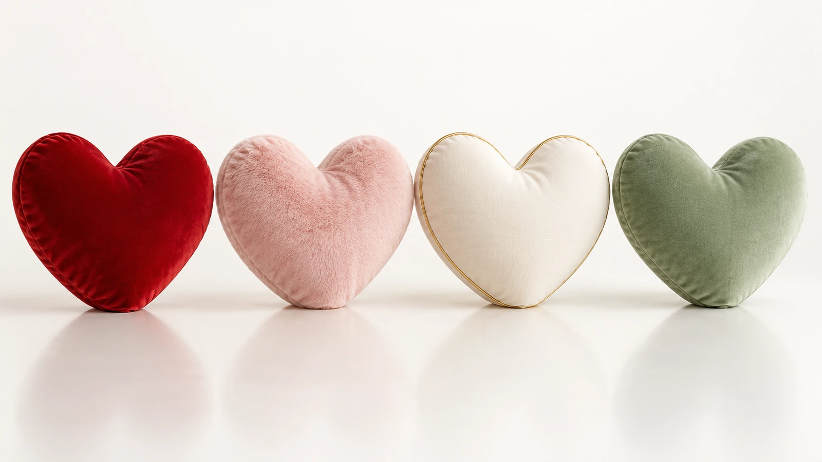 Quatre coussins en forme de cœur découpé partageant la même silhouette, alignés dans une rangée de palettes saisonnières : rouge profond, rose poudré, ivoire avec or et sauge douce