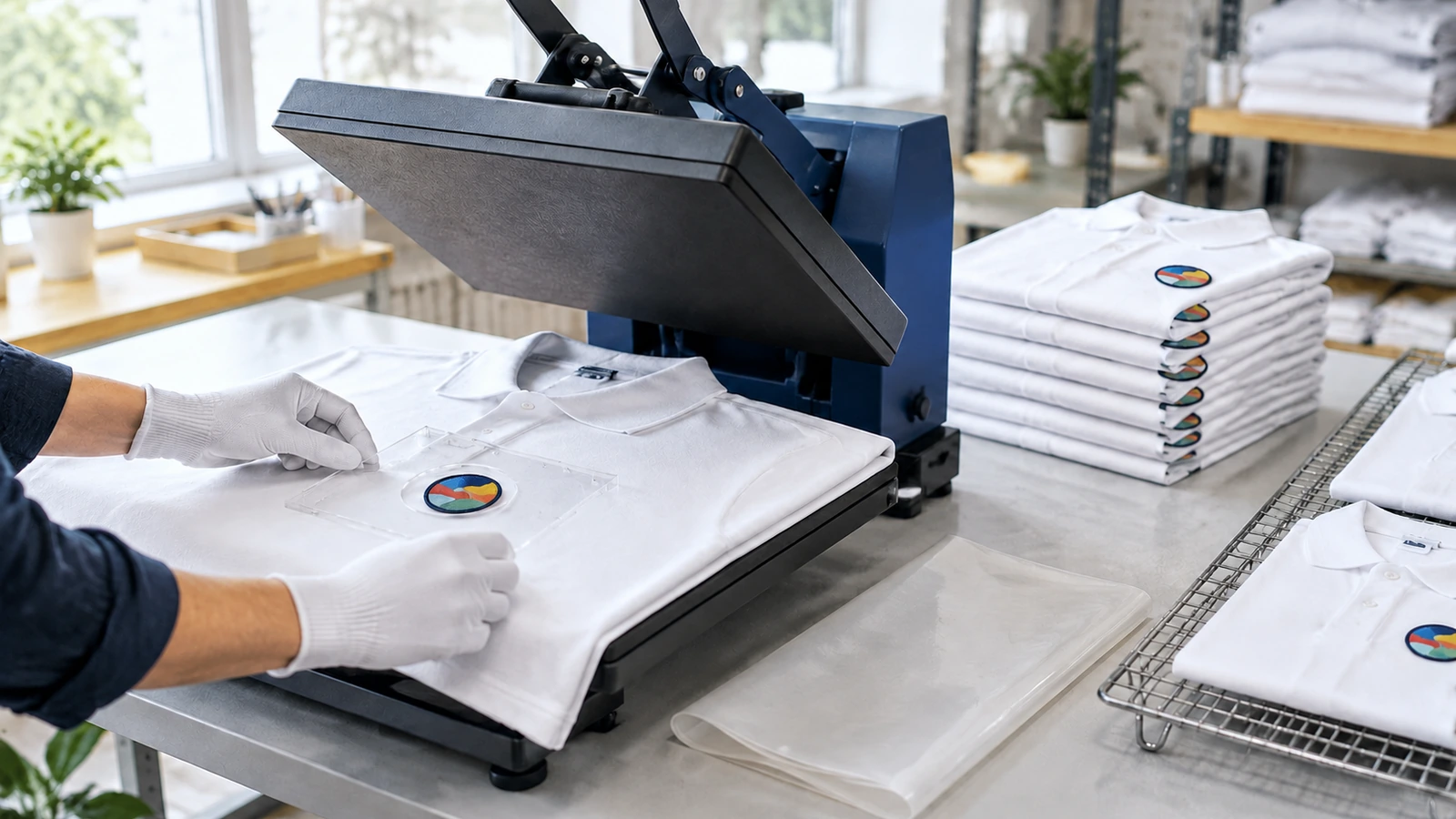 Presse à chaud à ouverture à clapet avec un polo en coton et un patch alignés sur un gabarit de placement, feuille de protection à côté et vêtements finis empilés