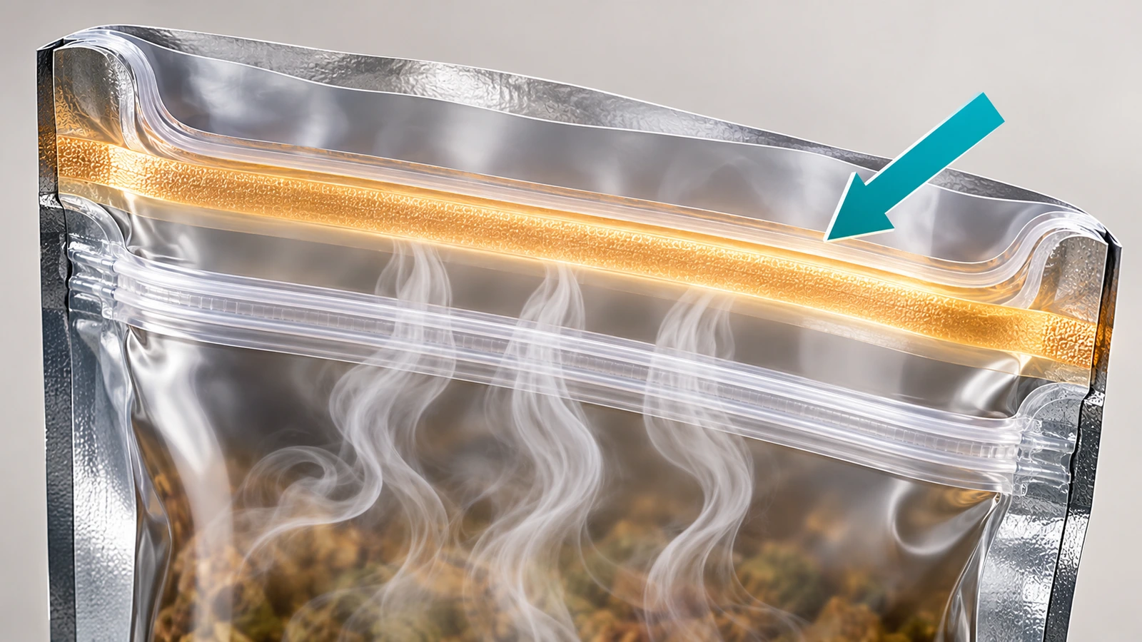 Illustration en coupe du haut d'un sachet plat montrant une piste de zip avec une bande de thermoscellage distincte au-dessus, mises en évidence par des flèches