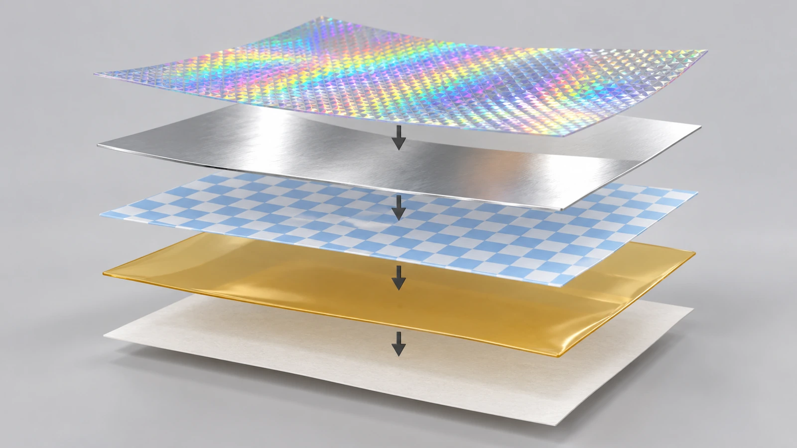Coupe éclatée d'un autocollant à hologramme de sécurité montrant le film gaufré, la couche métallique, le vernis de décollement à motif, l'adhésif et le support siliconé