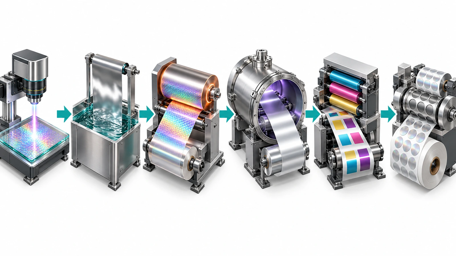 Flux de production de l'impression d'autocollants à hologramme, du master optique à la matrice en nickel, au cylindre de gaufrage, à la chambre de métallisation, à la presse d'impression et aux étiquettes découpées