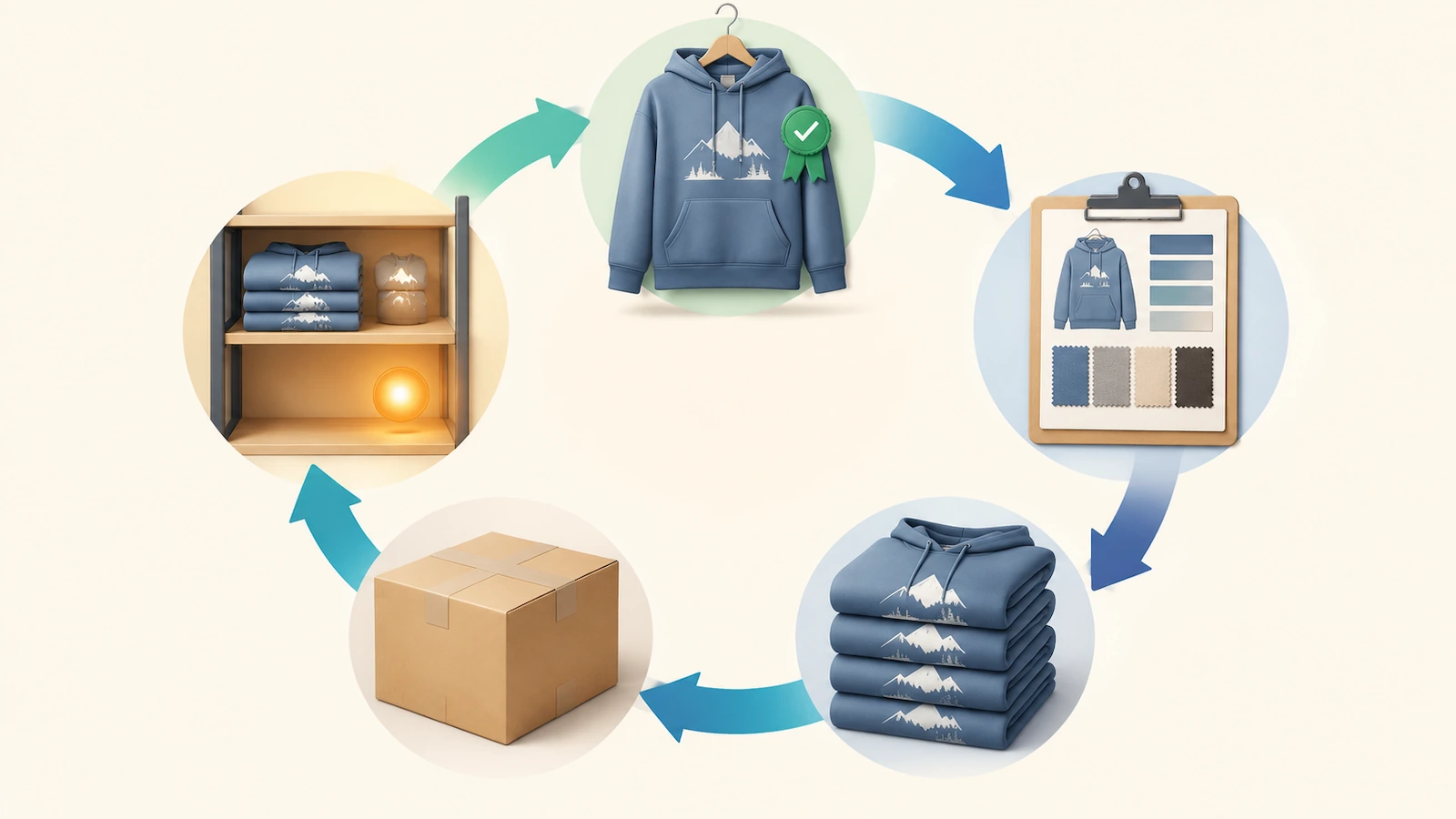 Boucle de réassort d'une marque de sweats à capuche : échantillon de référence approuvé, cahier des charges figé, série de production, expédition et seuil de réassort
