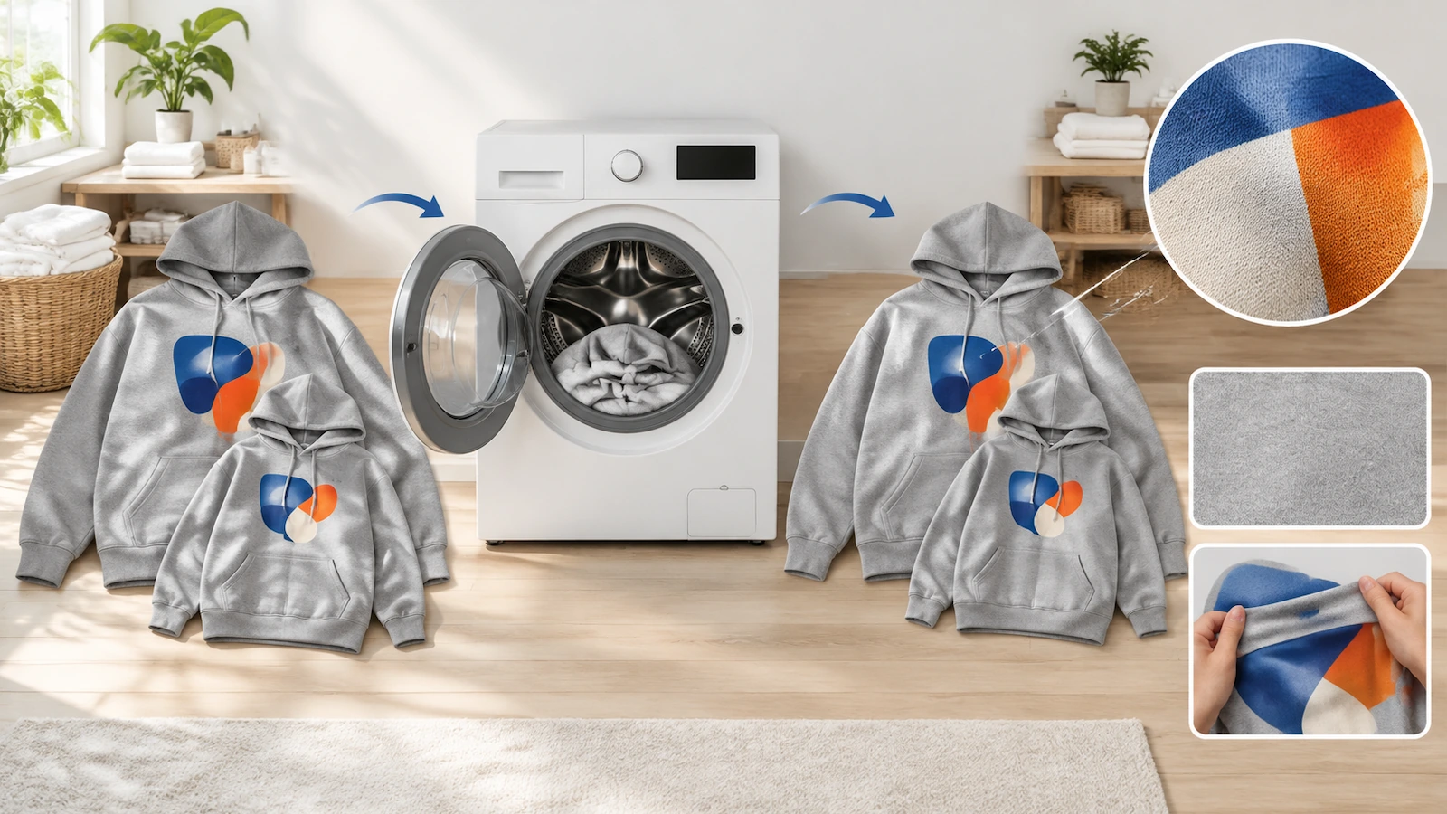 Sweats à capuche échantillons en petite et en grande taille comparés avant et après un test de lavage pour vérifier le rétrécissement et la craquelure de l'impression