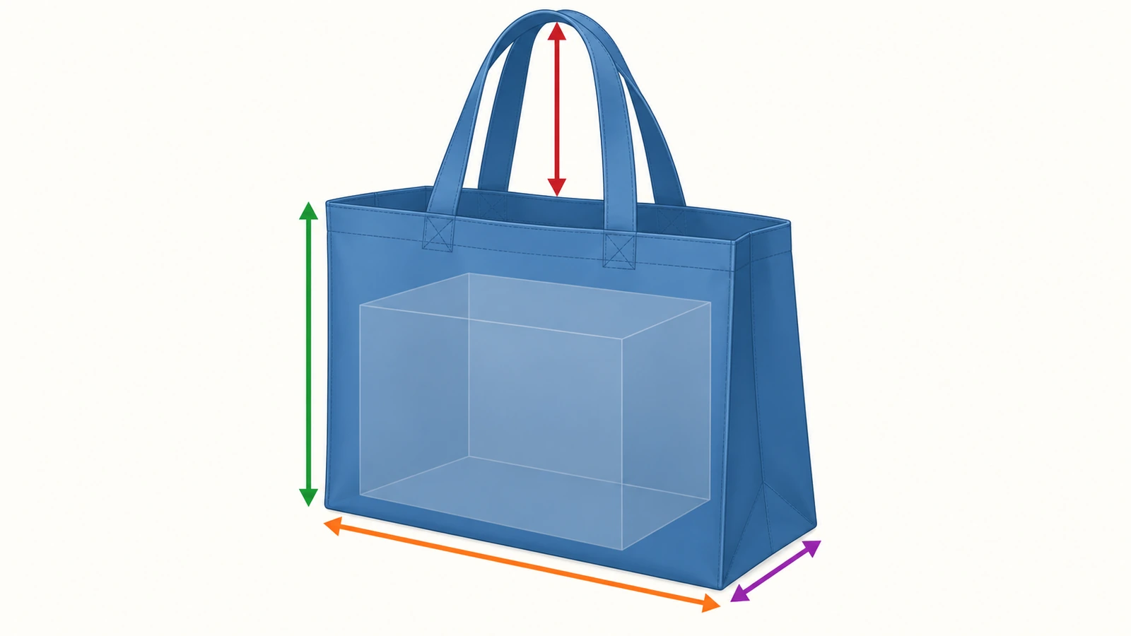 Schéma d'un grand sac de courses réutilisable avec des flèches colorées indiquant la largeur, la hauteur, la profondeur du soufflet et la retombée des anses