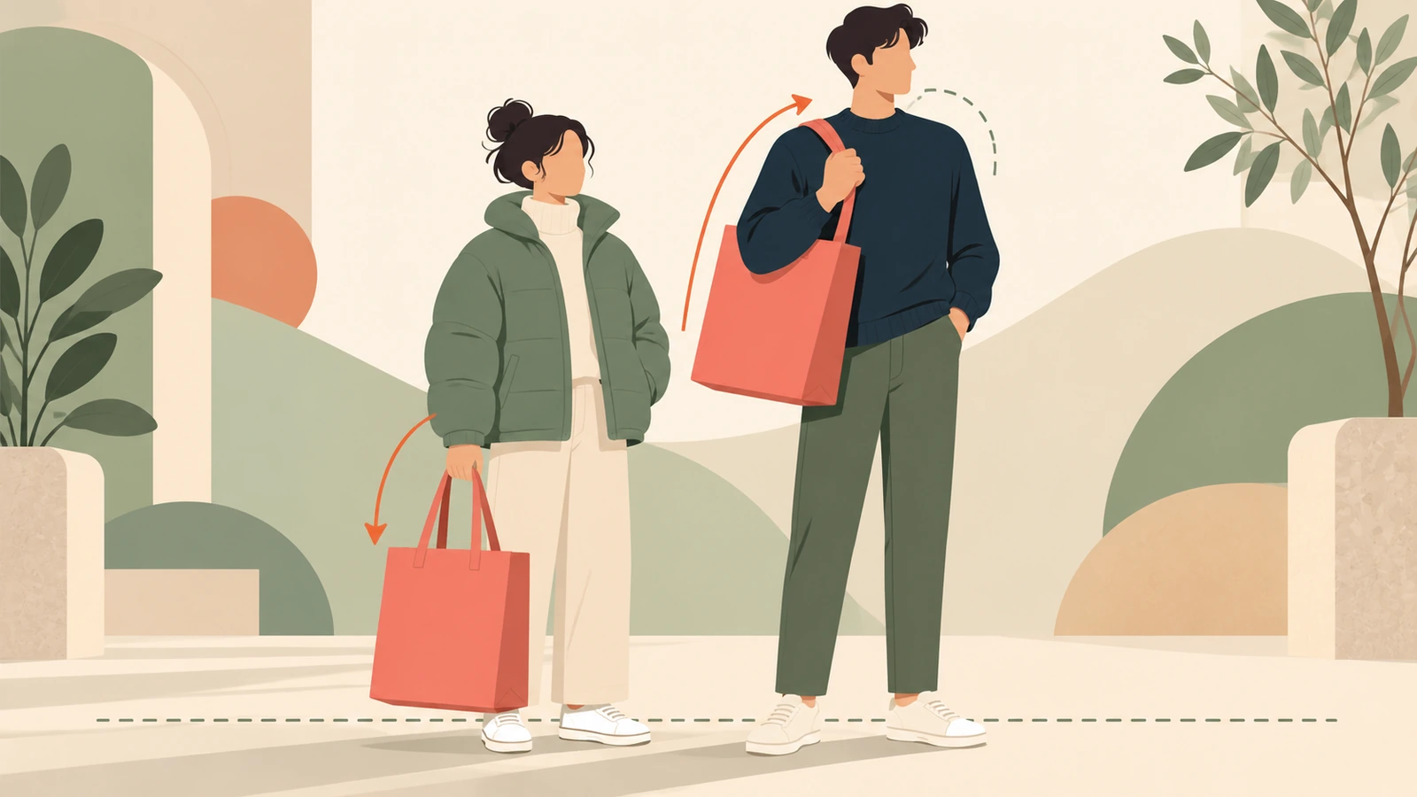 Deux personnes de tailles différentes portant le même grand sac réutilisable surdimensionné, l'une à la main et l'autre à l'épaule
