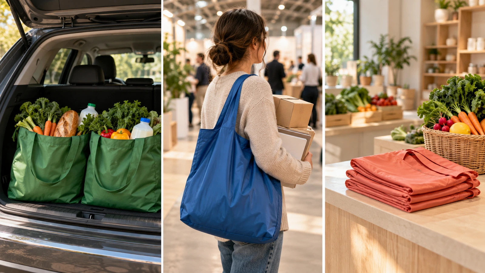 Trois scènes montrant des sacs réutilisables surdimensionnés utilisés pour des courses alimentaires en gros, une distribution d'objets promotionnels en salon professionnel et un programme de sacs en magasin