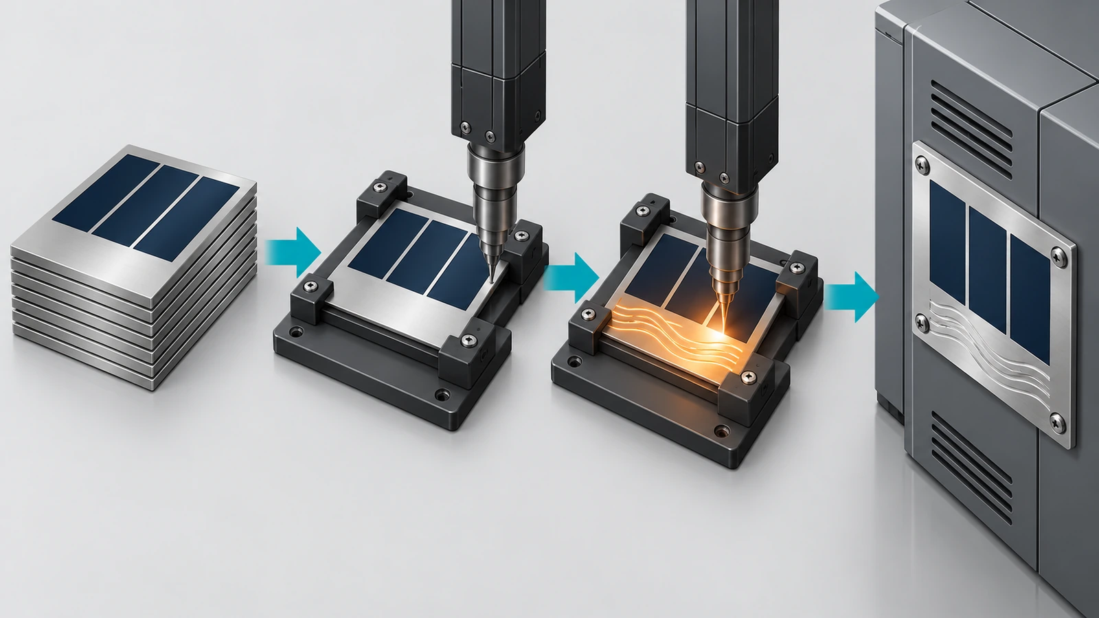 Schéma du flux de travail : des ébauches inox pré-gravées arrivent, sont placées dans un gabarit, reçoivent des données variables tracées, puis sont montées sur l'équipement