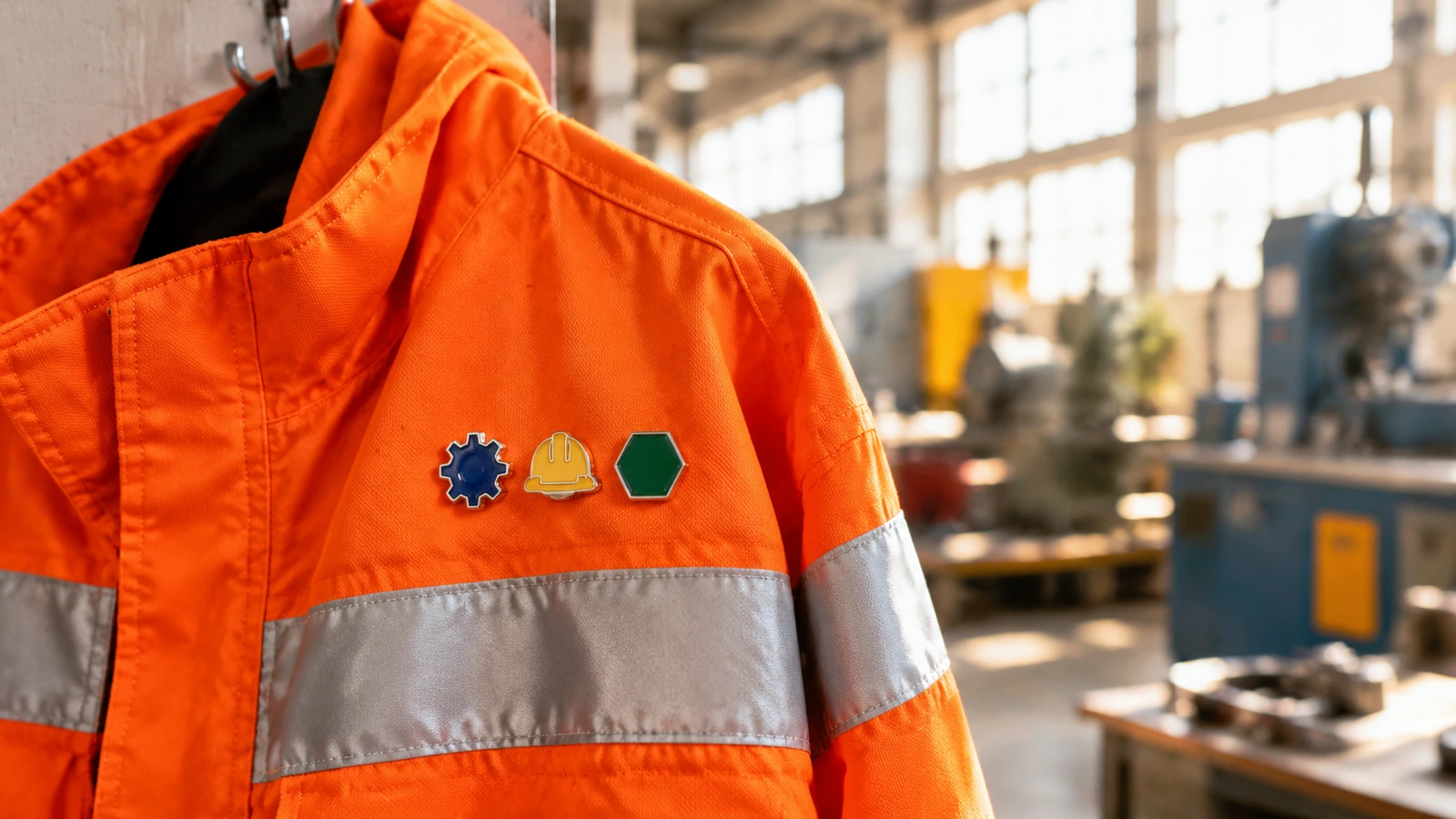 Pin's en émail géométriques vierges sur une veste haute visibilité suspendue dans un atelier industriel lumineux