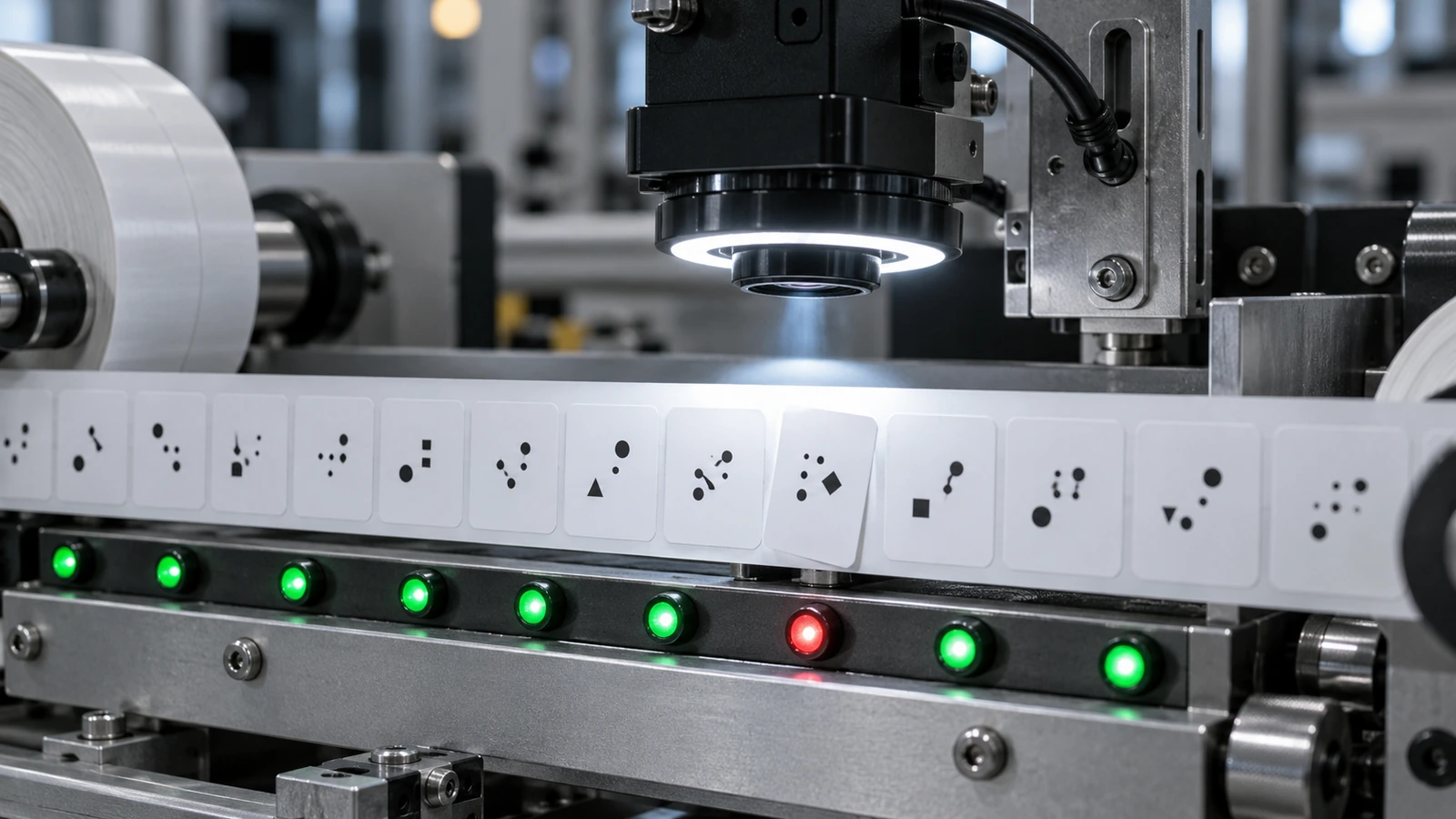 Caméra en ligne inspectant une bande d'étiquettes en mouvement, avec des voyants verts pour les étiquettes conformes et un voyant rouge signalant une étiquette rejetée