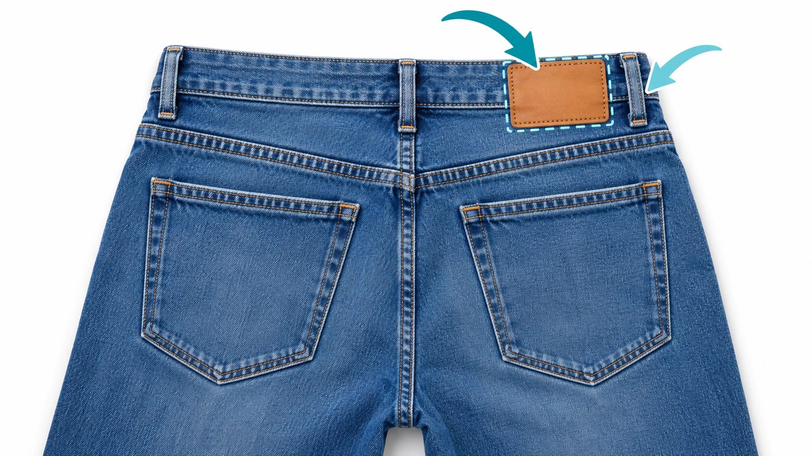 Jean vu de dos avec un écusson en cuir sur le côté droit de la ceinture arrière, des flèches indiquant l'ordre de couture avant que les passants de ceinture ne soient renforcés par un point d'arrêt