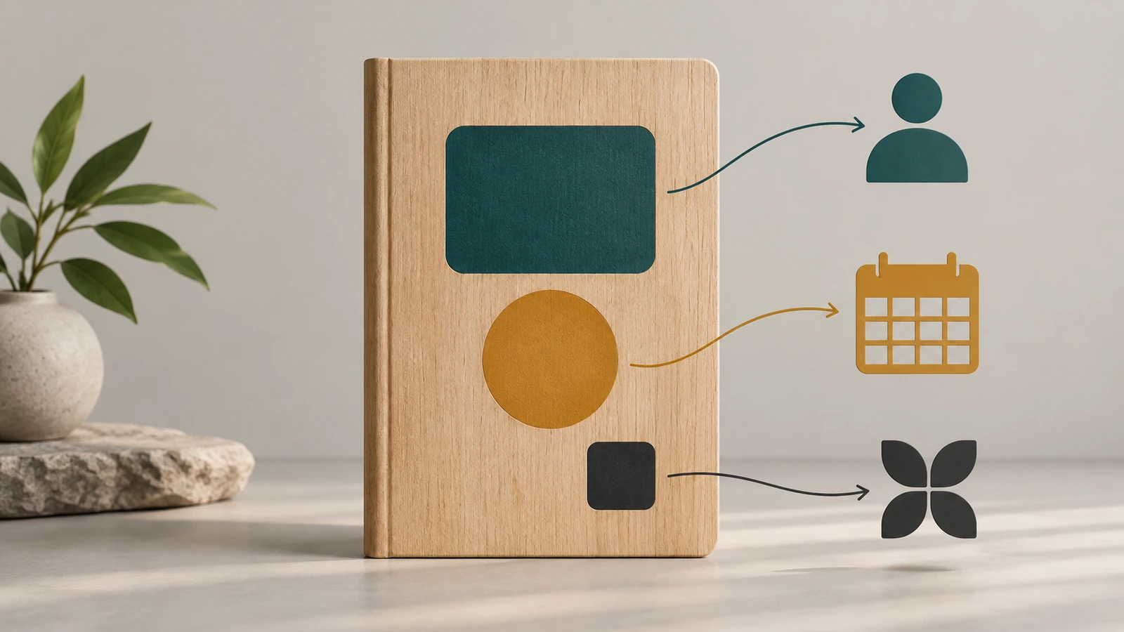 Schéma d'une couverture de carnet montrant une grande zone d'identité, une zone de contexte moyenne et une petite zone de marque, organisées selon le poids visuel