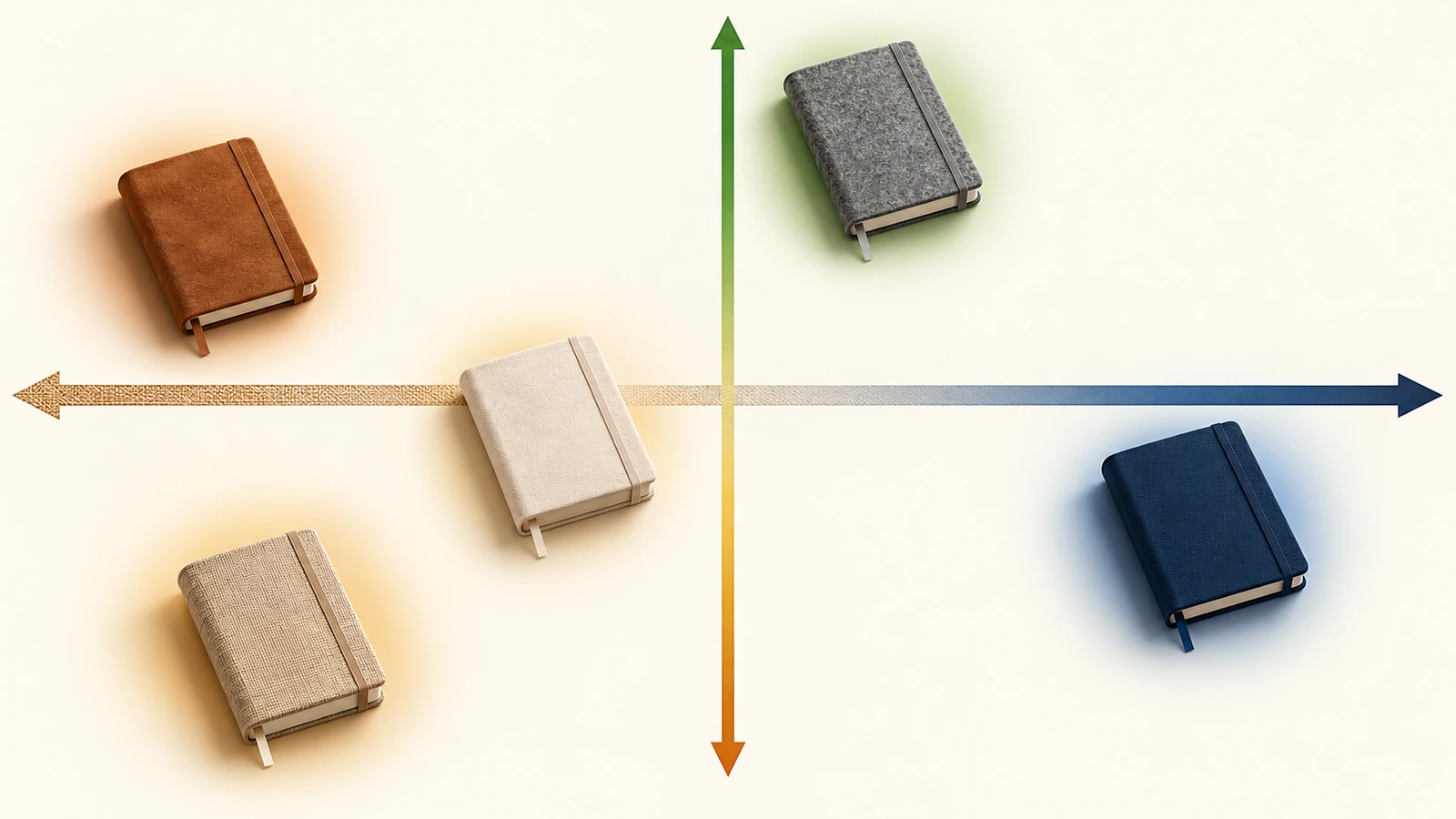 Carte de positionnement de marque plaçant cinq tissus de couverture de carnet selon les axes du tactile au résistant et du classique à l'écoresponsable
