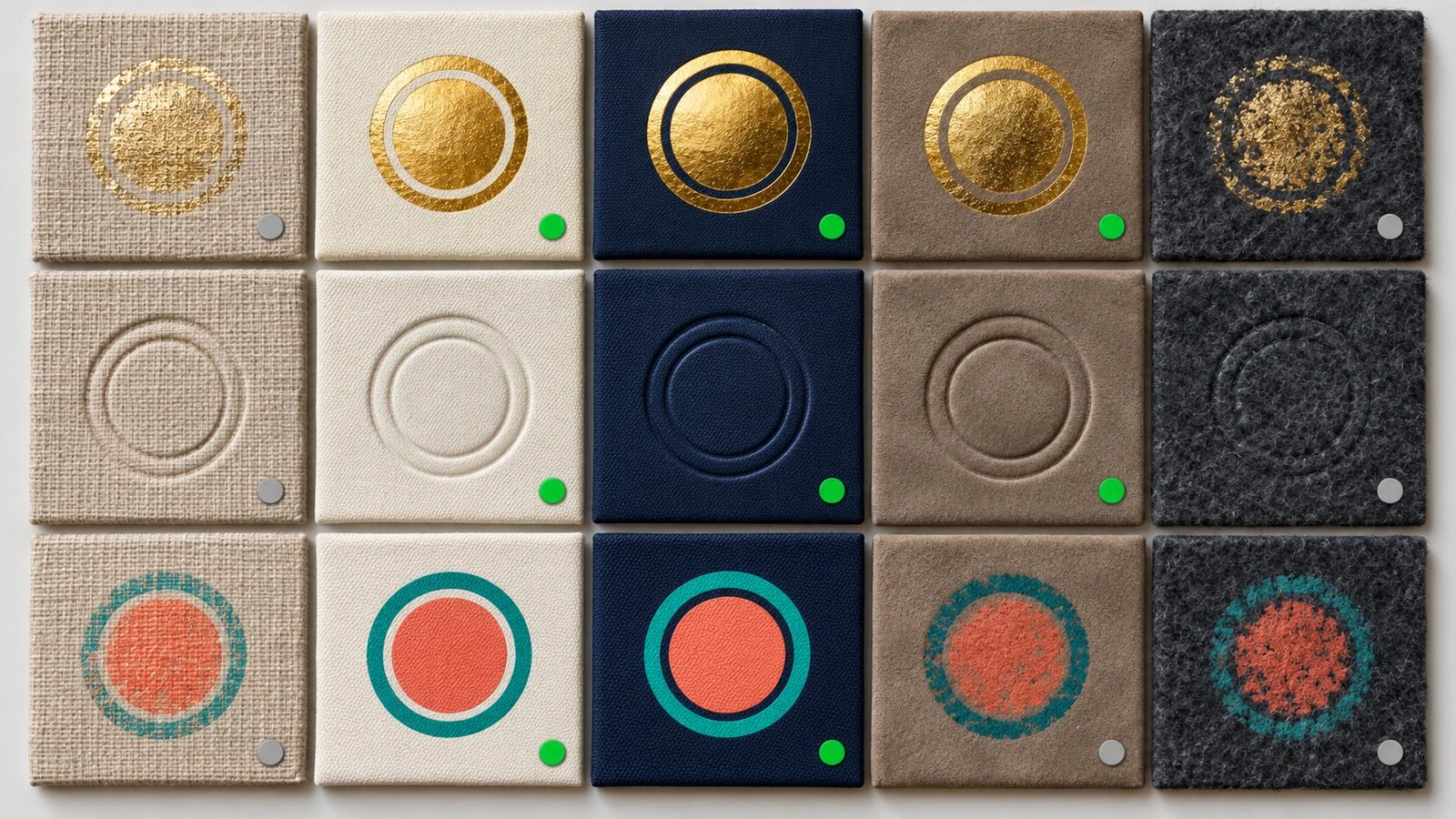 Marques de feuille métallique, de gaufrage en creux et de sérigraphie appliquées à cinq tissus de carnet, montrant quelles surfaces conservent des contours nets