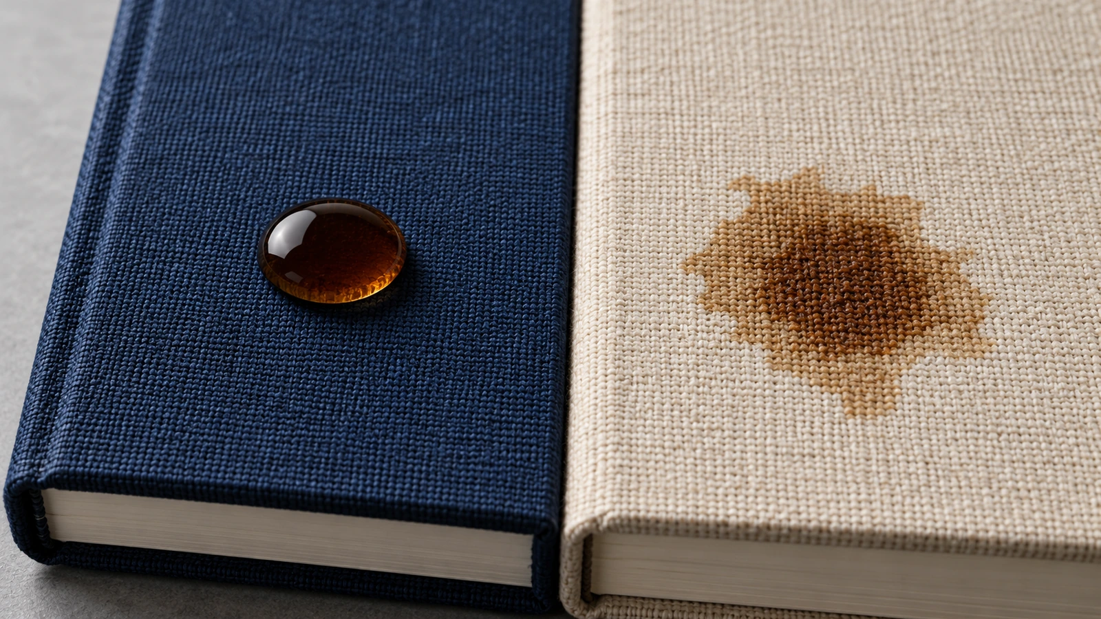 Goutte d'eau qui perle sur une toile de reliure enduite, comparée à une goutte qui pénètre dans du lin non enduit