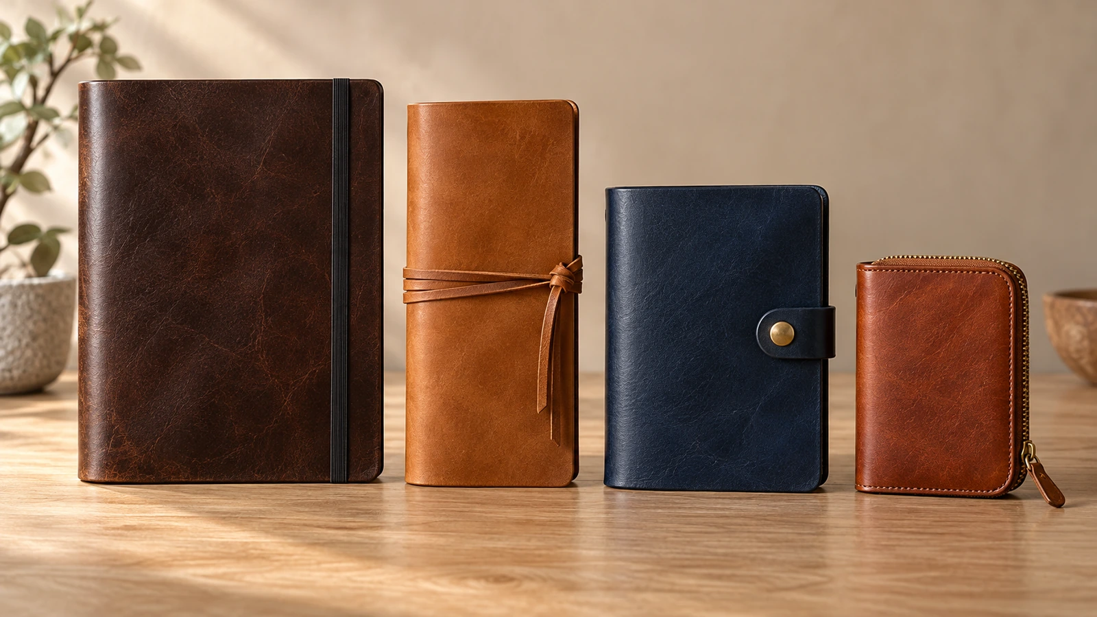Quatre carnets en cuir de tailles décroissantes, du A5 au format passeport, chacun fermé par une fermeture différente : élastique, cordon d'enroulement, bouton-pression et fermeture à glissière