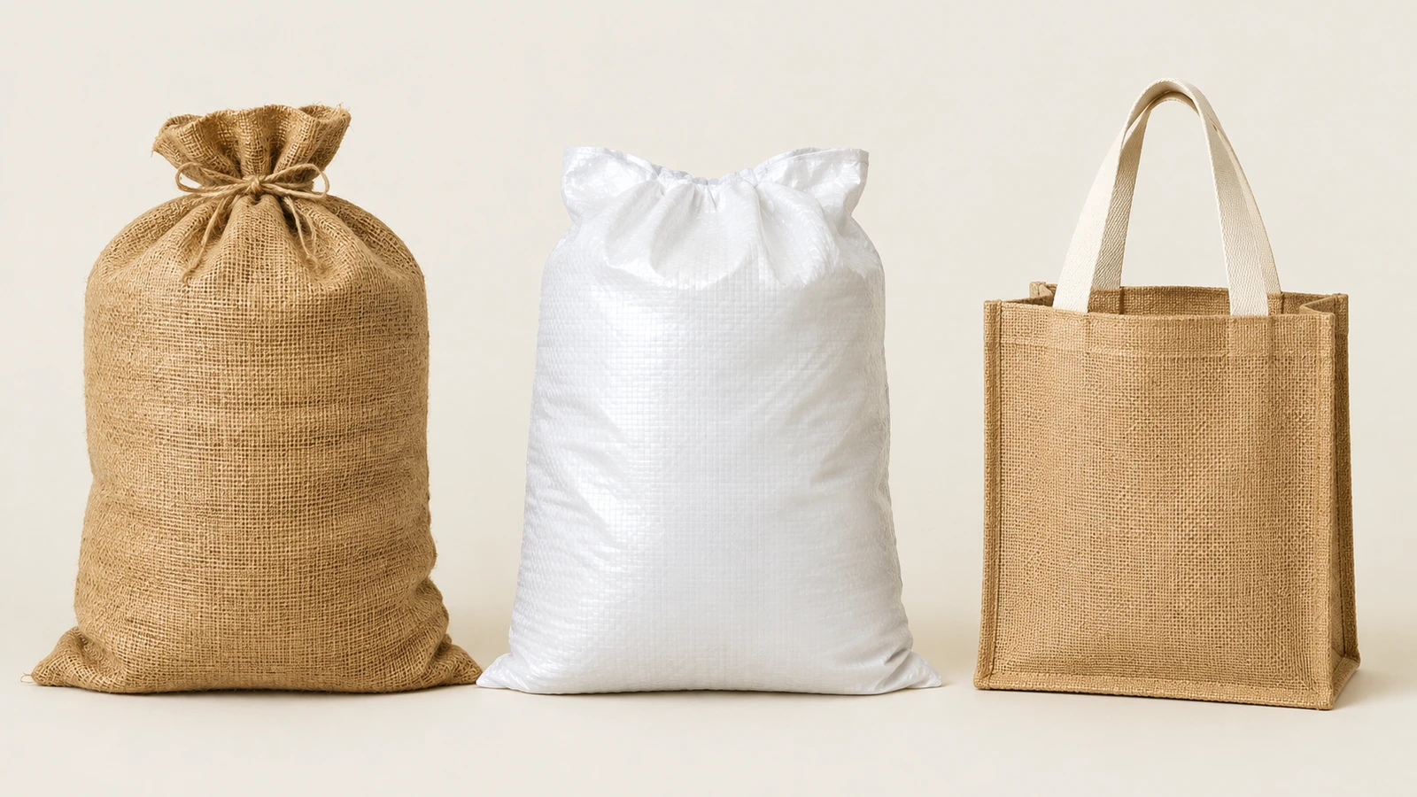 Disposition côte à côte d'un sac de marchandises en jute uni, d'un sac blanc en polypropylène tissé et d'un tote bag en jute à anses en coton