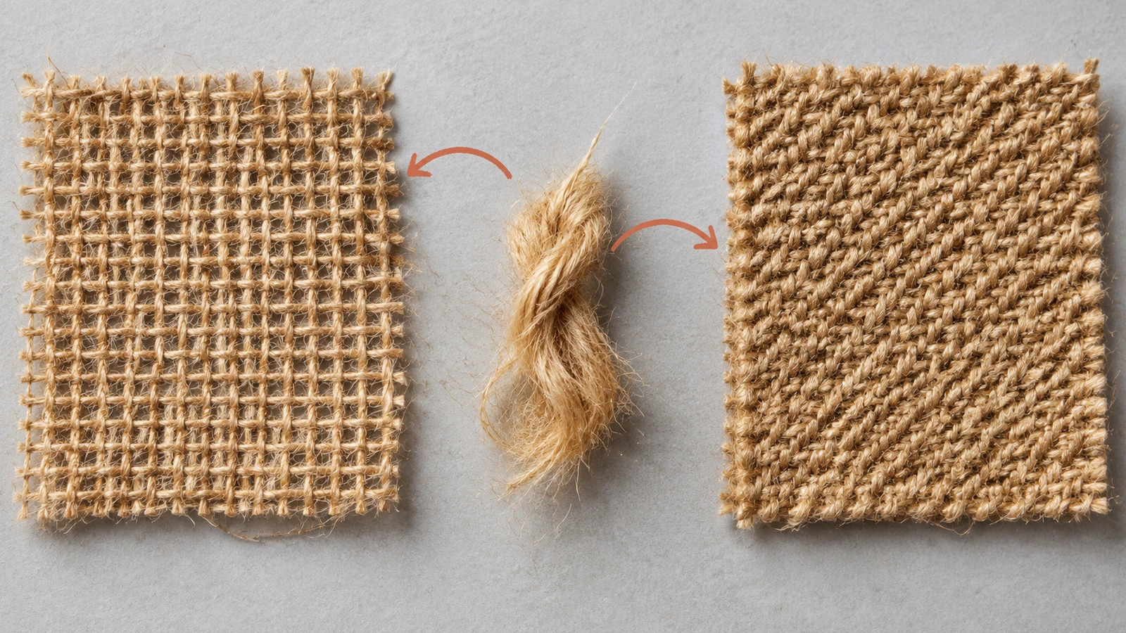 Gros plan comparant un hessian ouvert à armure toile et une toile à sac en sergé de jute, dense, utilisée pour les sacs de marchandises