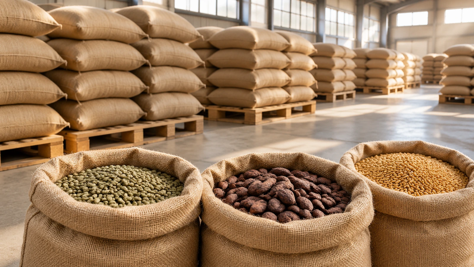 Sacs de jute naturel empilés, remplis de café en grains, de fèves de cacao et de céréales, sur des palettes en bois dans un entrepôt sec