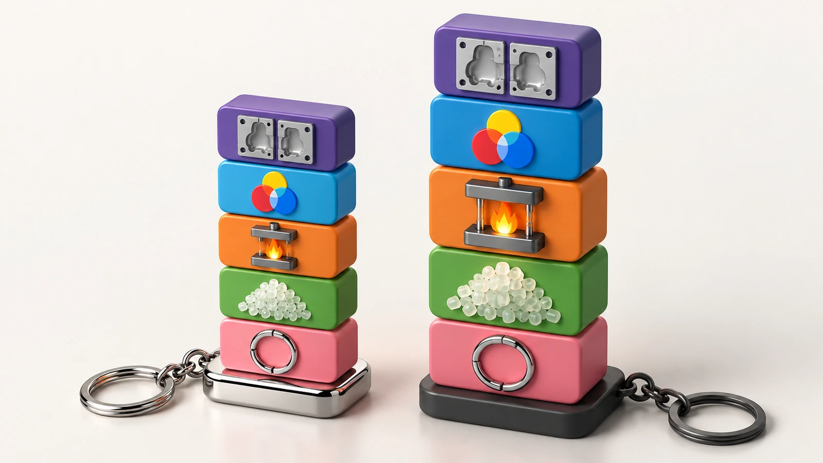 Schéma de blocs colorés empilés, de hauteurs différentes, représentant les facteurs de coût de l'outillage, du nombre de couleurs, de la vulcanisation, du matériau et des accessoires pour deux matériaux