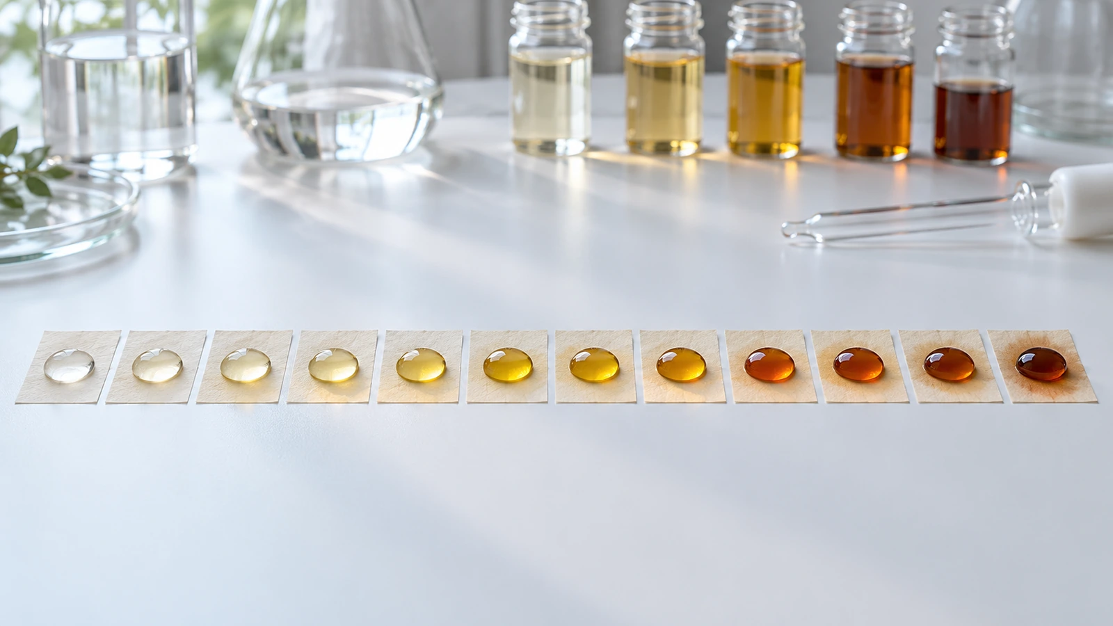 Paillasse de laboratoire avec une rangée d'échantillons de papier, chacun portant une goutte de liquide d'essai de plus en plus foncé, illustrant l'essai Kit gradué de résistance aux graisses