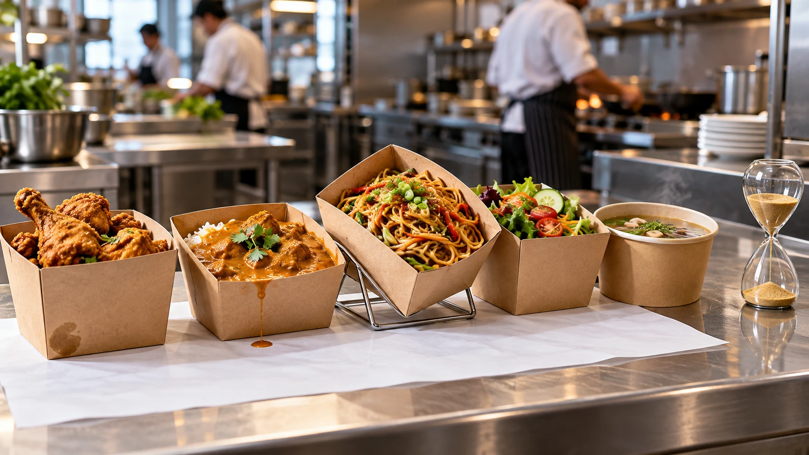 Montage d'un essai en cuisine : des contenants à emporter remplis, alignés sur un plan de travail en acier, l'un d'eux incliné sur un support pour solliciter la jointure du couvercle, un sablier à proximité et une petite trace d'huile sur le fond d'un contenant