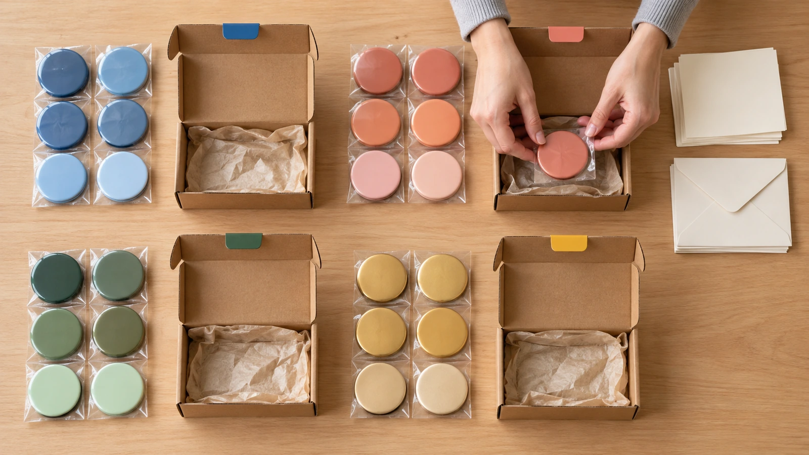 Table de conditionnement avec des magnets de réfrigérateur en acier étamé triés en piles et en cartons de couleurs différentes selon les destinataires et les destinations