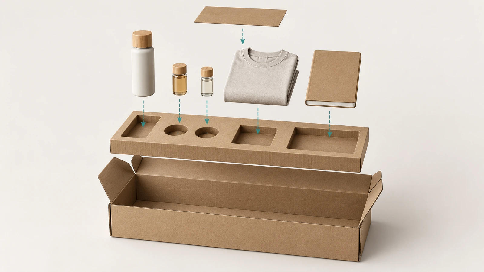 Vue éclatée d'une boîte de kitting montrant la boîte extérieure à bouts roulés et rabat rentrant, un insert en carton ondulé découpé sur mesure avec plusieurs alvéoles, et les composants du kit en suspension au-dessus de leurs emplacements attribués