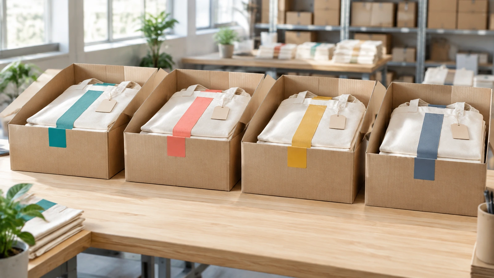 Sacs cabas emballés, rangés dans une série de cartons à onglets colorés correspondant à chaque groupe de distribution