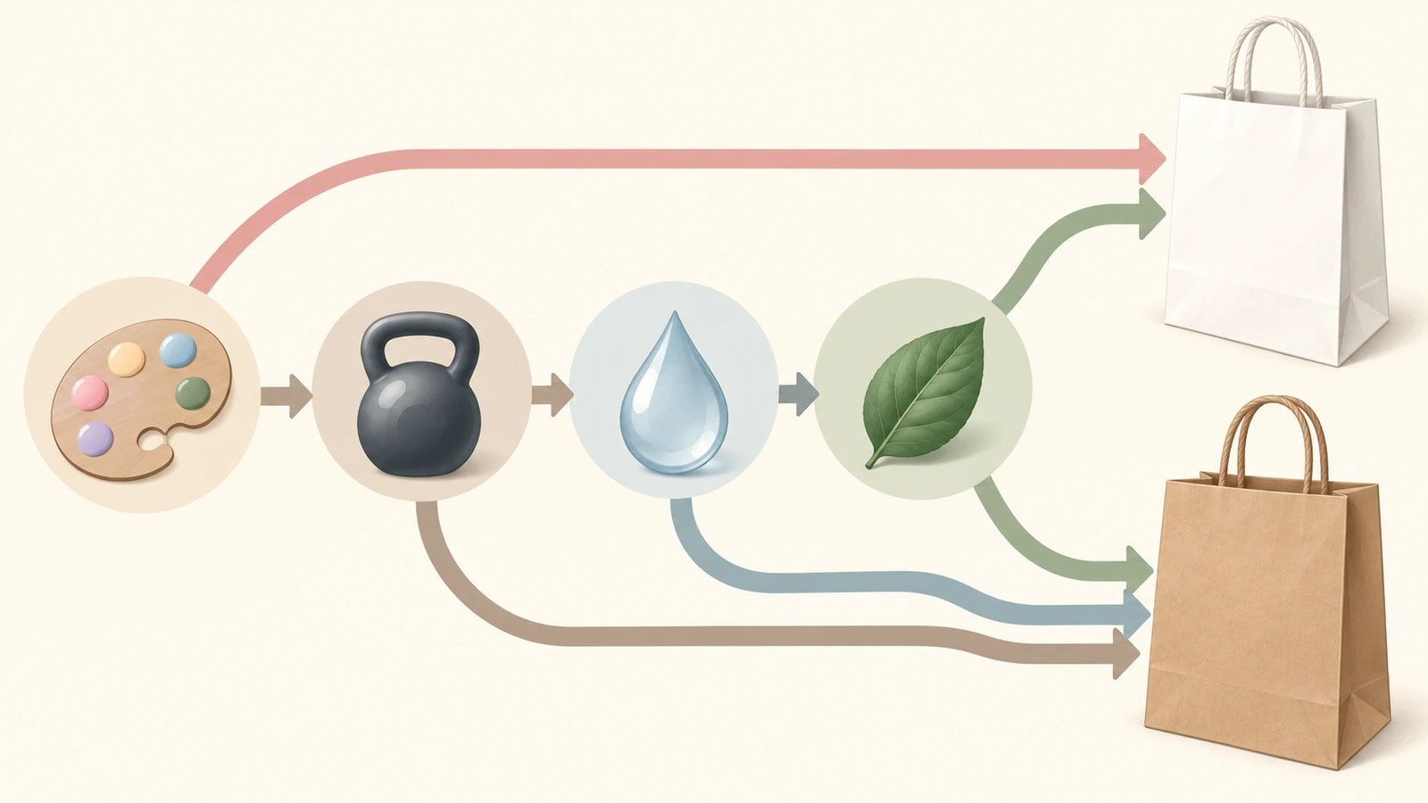 Illustration de décision avec des formes simples et des flèches : une icône de palette, une icône de poids, une goutte d'eau et une feuille mènent, par des chemins ramifiés, soit à un sac en kraft blanc, soit à un sac en kraft brun