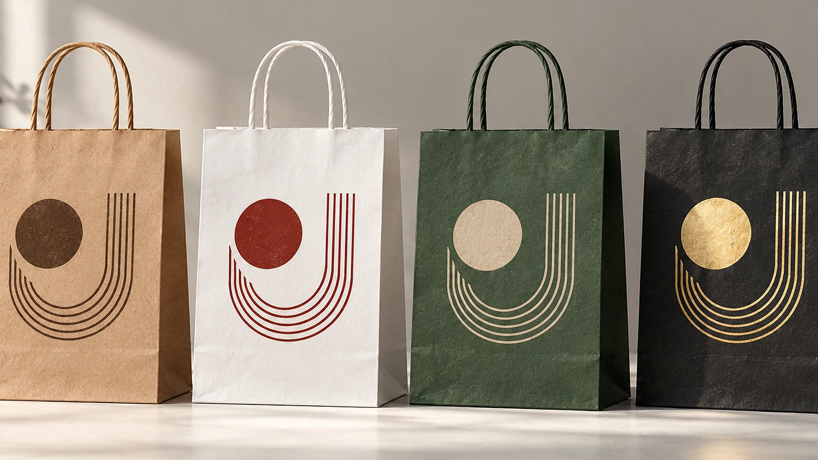 Rangée de sacs en papier kraft brun naturel, blanc, coloré et noir à poignées torsadées