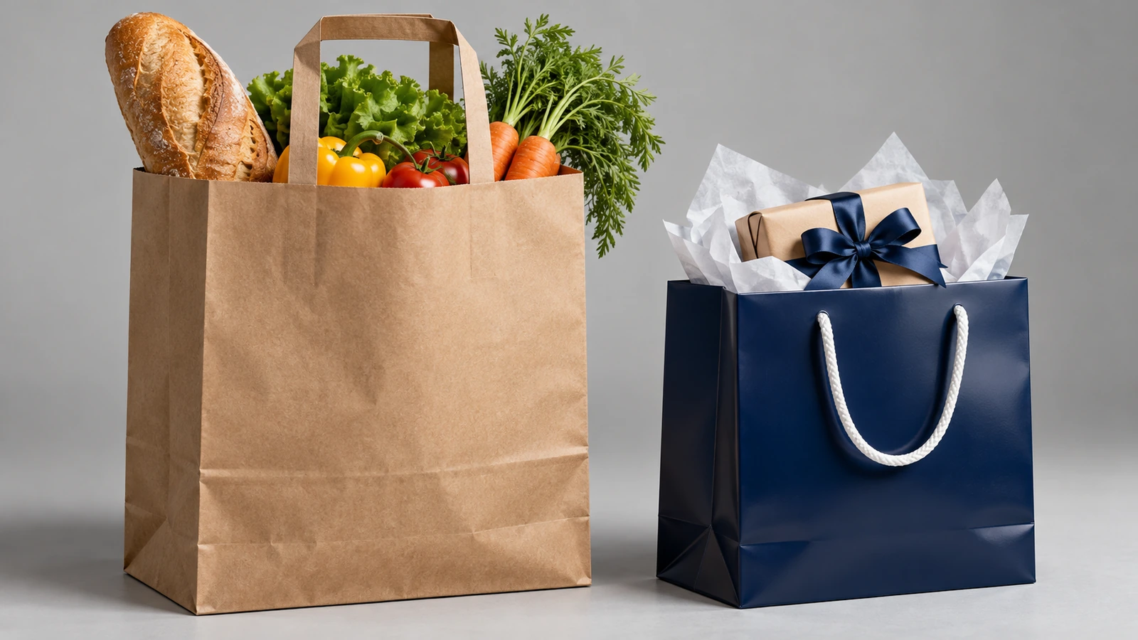 Sac de courses en kraft brun à anses plates à côté d'un sac cadeau en papier couché laminé sombre et brillant à anses en corde, tous deux à surface vierge