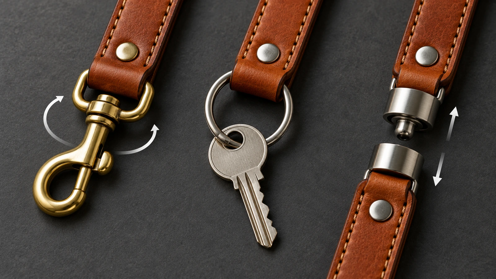 Gros plan sur les options de quincaillerie d'un porte-clés à lanière en cuir : un mousqueton à émerillon, un anneau brisé fermé et un connecteur de sécurité à rupture, chacun fixé à l'extrémité d'une lanière en cuir marron