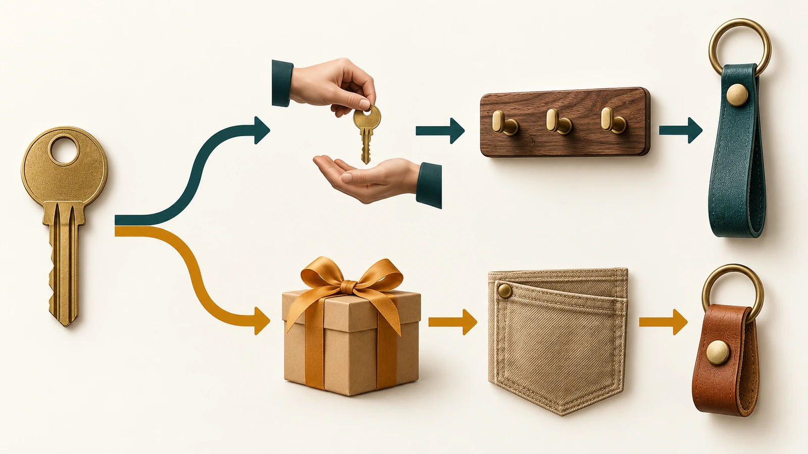 Schéma de décision avec icônes et flèches : une icône de clé se ramifie vers un parcours de lanière portée sur le corps pour les clés de travail partagées et vers un parcours de porte-clés court de poche pour les remises uniques en cadeau