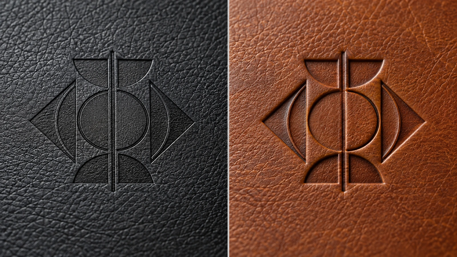 Gros plan comparant côte à côte une marque gravée au laser et une marque gaufrée en creux sur des couvertures de carnets en cuir PU