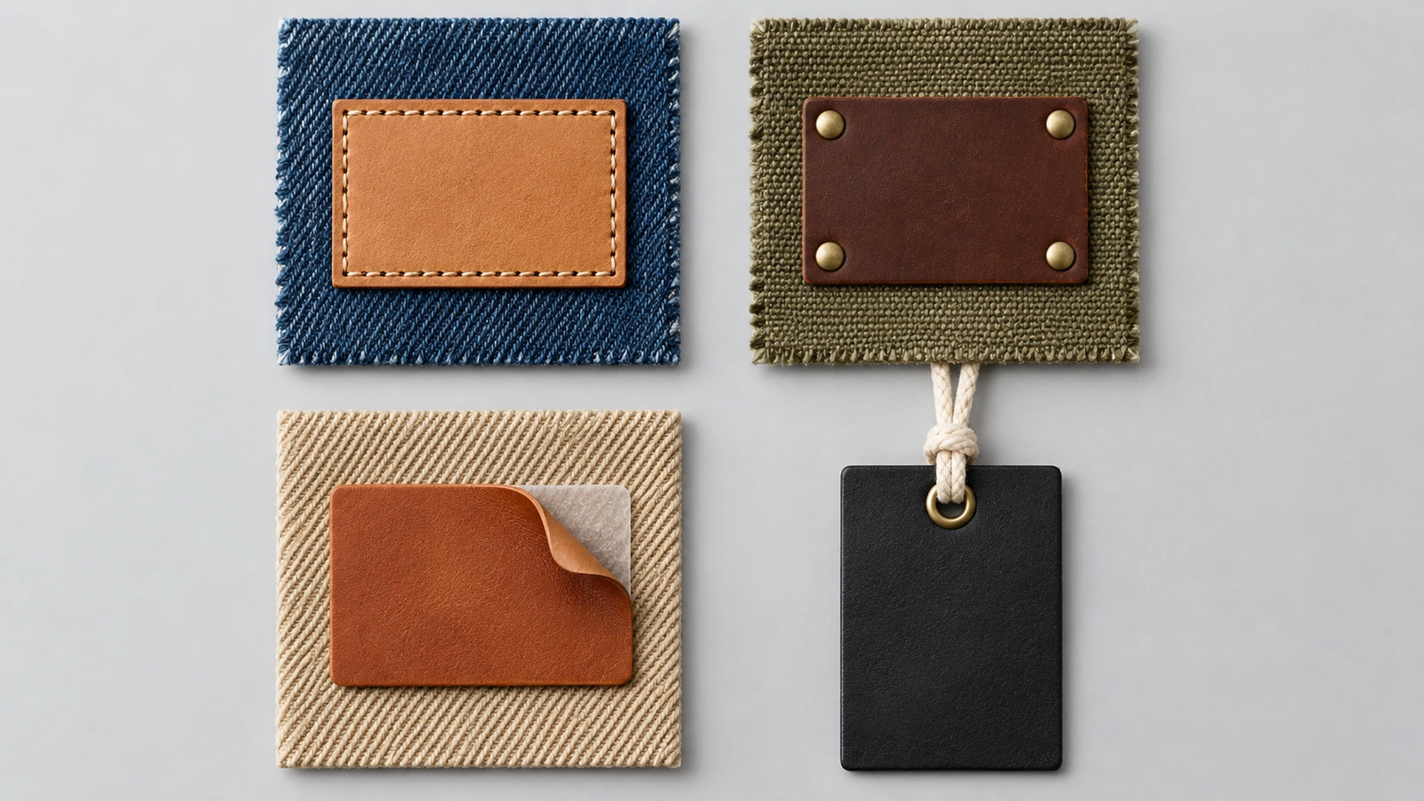 Quatre étiquettes en cuir sur des échantillons de tissu illustrant les quatre méthodes de fixation : couture périphérique, rivets d'angle, dos adhésif thermocollé et étiquette volante suspendue à un cordon