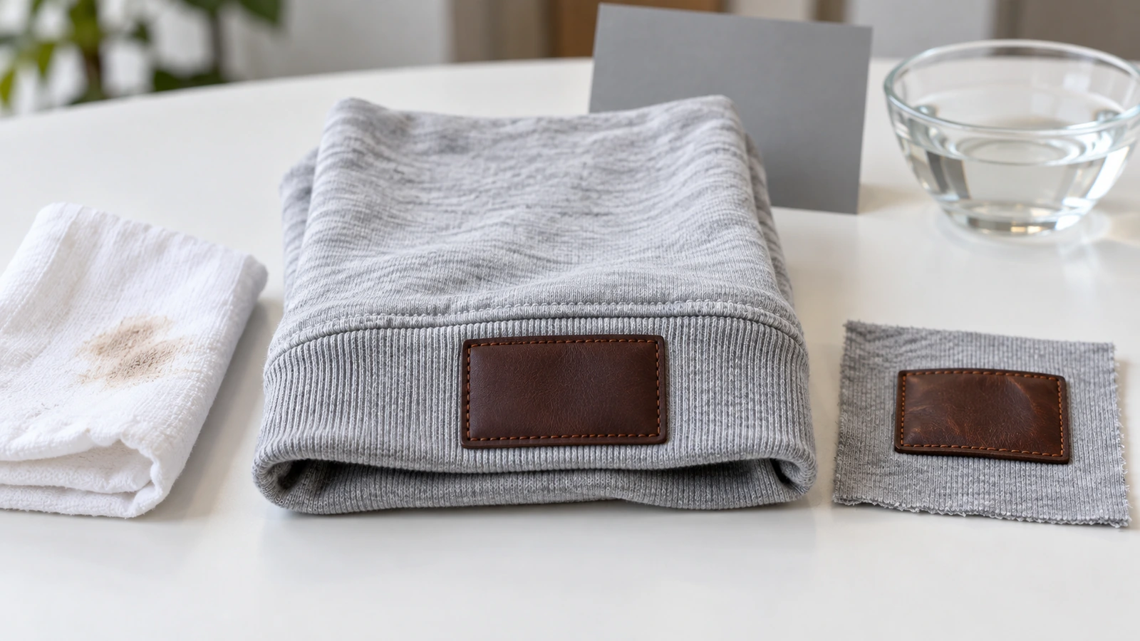 Vêtement de présérie avec une étiquette en cuir cousue, à côté d'un chiffon de frottement blanc et d'un échantillon de comparaison lavé, utilisés pour contrôler le transfert de teinture et le soulèvement des bords