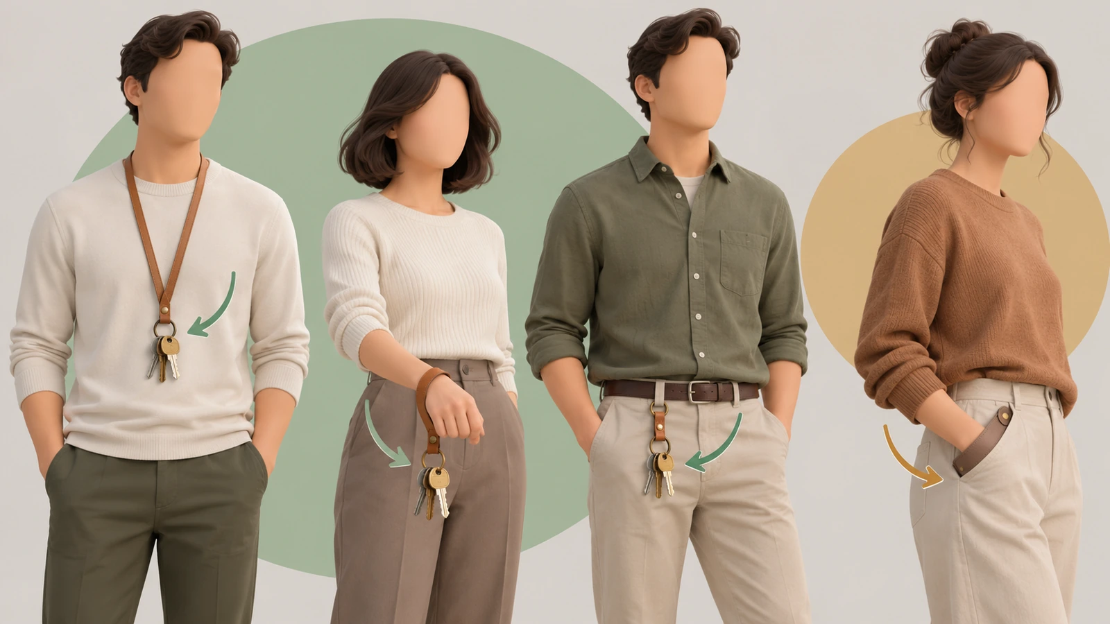 Trois positions de port d'un porte-clés à lanière en cuir comparées à un porte-clés court en cuir de poche : porté au cou, enroulé au poignet, clipsé à un passant de ceinture et glissé dans une poche de pantalon
