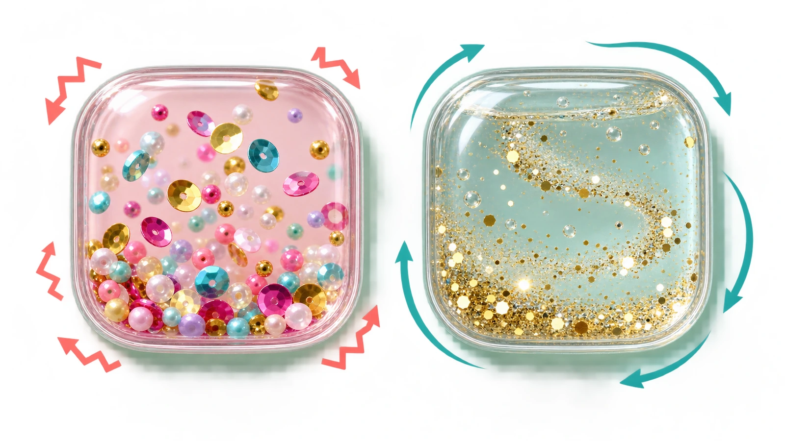 Deux autocollants shaker côte à côte : à gauche, des sequins qui tombent dans une cavité sèche avec de courtes flèches de mouvement vives ; à droite, des paillettes qui dérivent lentement dans du liquide avec de longues flèches courbes