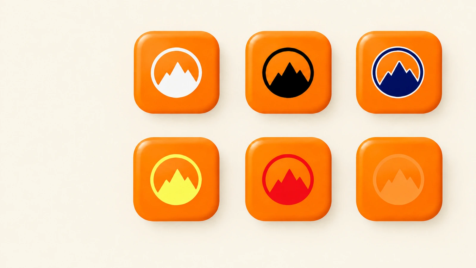 Schéma de formes de logo simples en blanc, noir, bleu marine, jaune et rouge placées sur des échantillons d'émail orange pour comparer la lisibilité