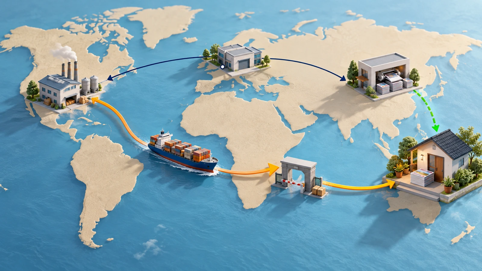 Carte du monde stylisée avec de courtes flèches de livraison locale depuis un atelier d'impression proche et une longue route maritime depuis une usine lointaine, convergeant vers le seuil d'un lecteur