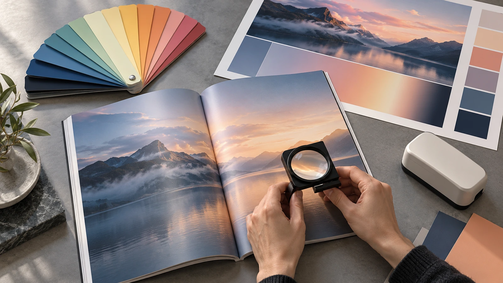 Des mains examinant un échantillon de magazine imprimé ouvert avec une loupe, à côté d'un nuancier de référence couleur et d'une épreuve physique sur une table lumineuse