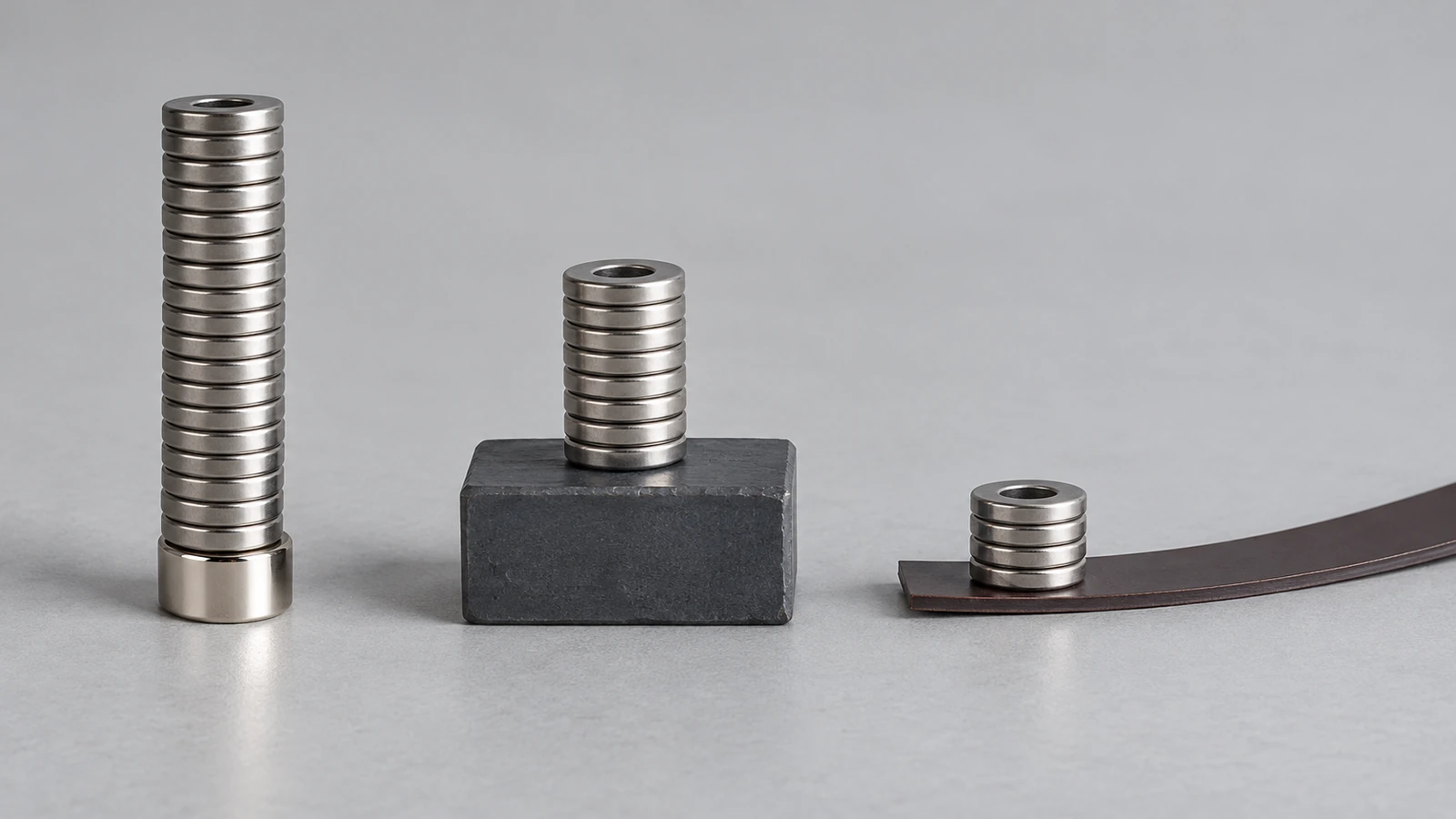Comparaison côte à côte d'un petit disque en néodyme revêtu, d'un bloc de ferrite gris plus grand et d'une fine bande magnétique souple, à l'échelle pour montrer la force de maintien relative