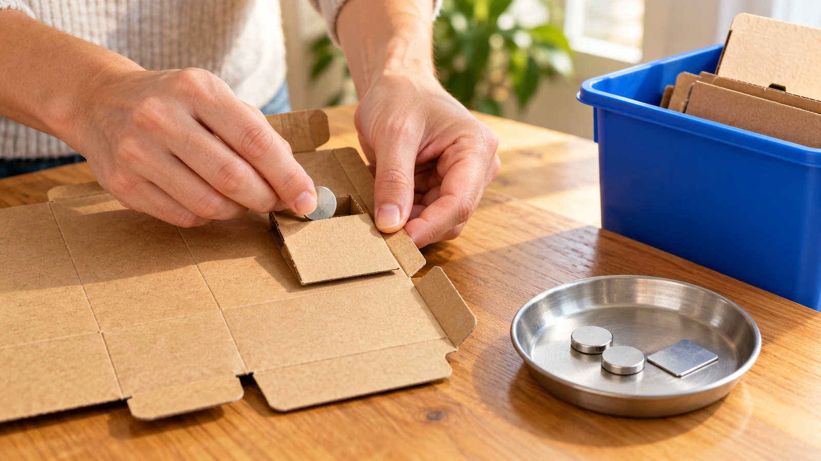 Mains décollant un petit aimant en disque d'une boîte en carton aplatie, l'aimant allant dans un petit bac métallique et le carton dans un bac de recyclage du papier