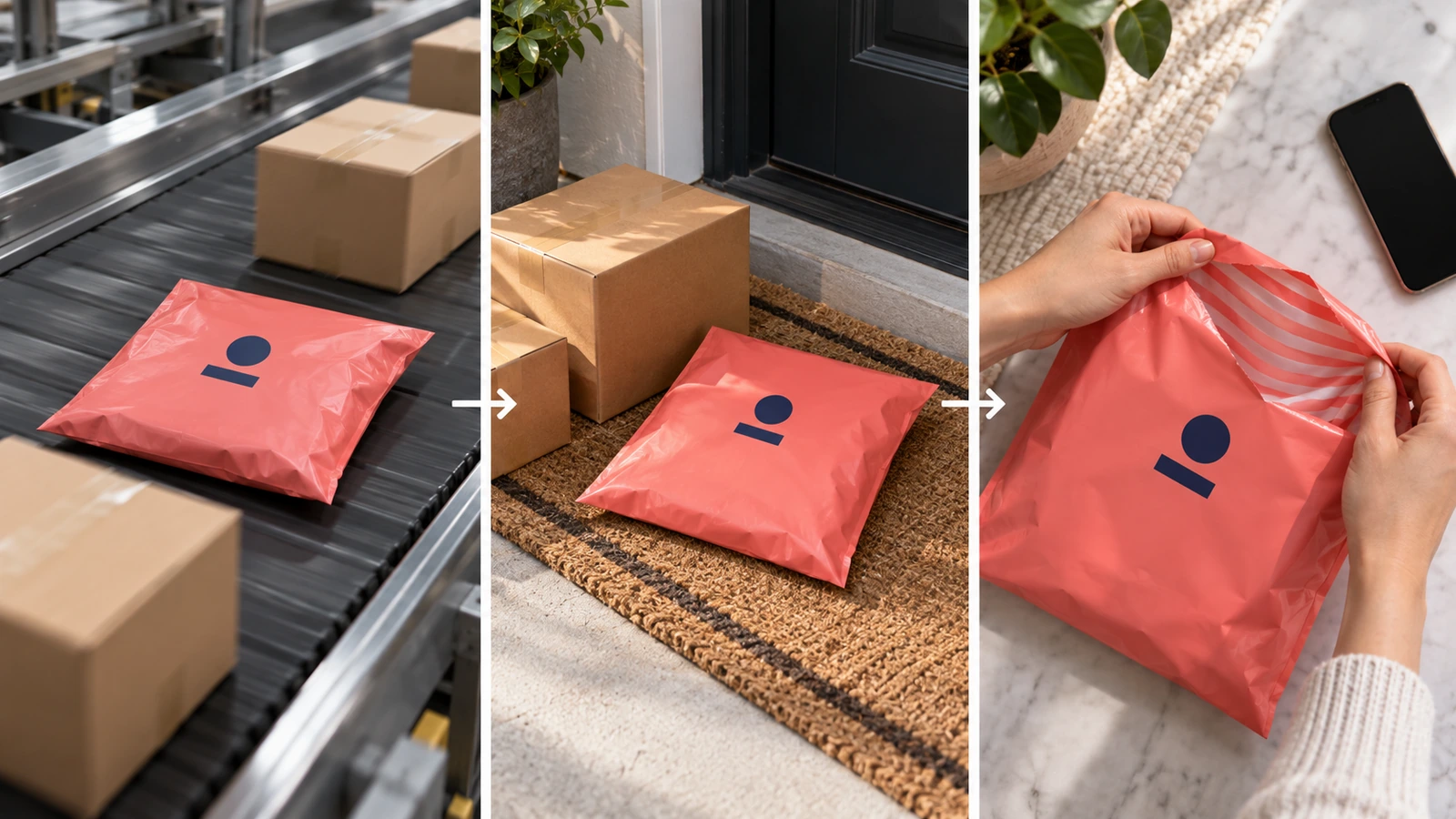 Trois moments d'observation d'une pochette d'expédition de marque : sur un convoyeur de tri, sur un perron parmi d'autres colis et ouverte entre les mains d'un client