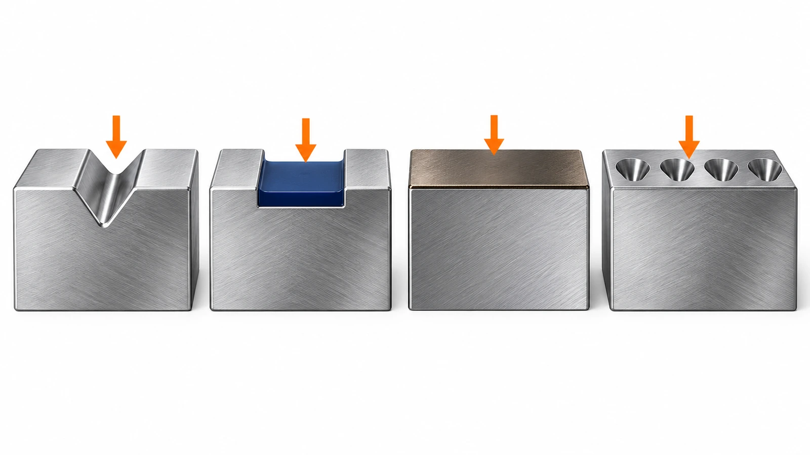 Comparaison en coupe d'un sillon en V tracé, d'un creux de gravure chimique rempli, d'une couche superficielle recuite au laser et de cratères de micropercussion dans l'acier inoxydable