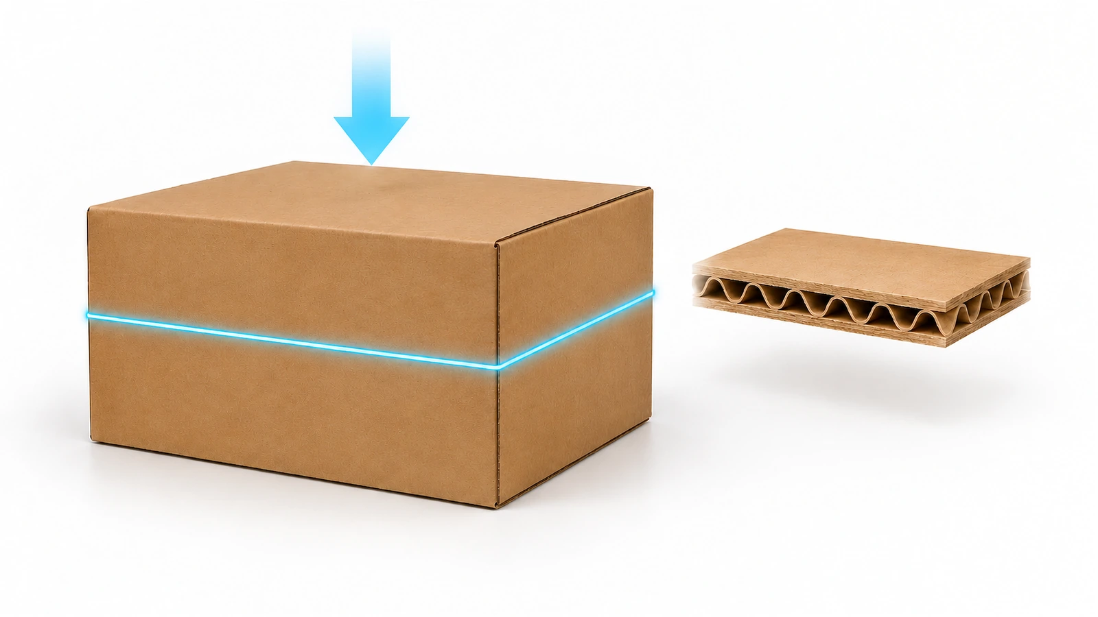 Caisse en carton ondulé avec une boucle lumineuse qui trace son périmètre, à côté d'une coupe agrandie du carton montrant les papiers de couverture et le papier cannelure, illustrant les données de la formule de McKee